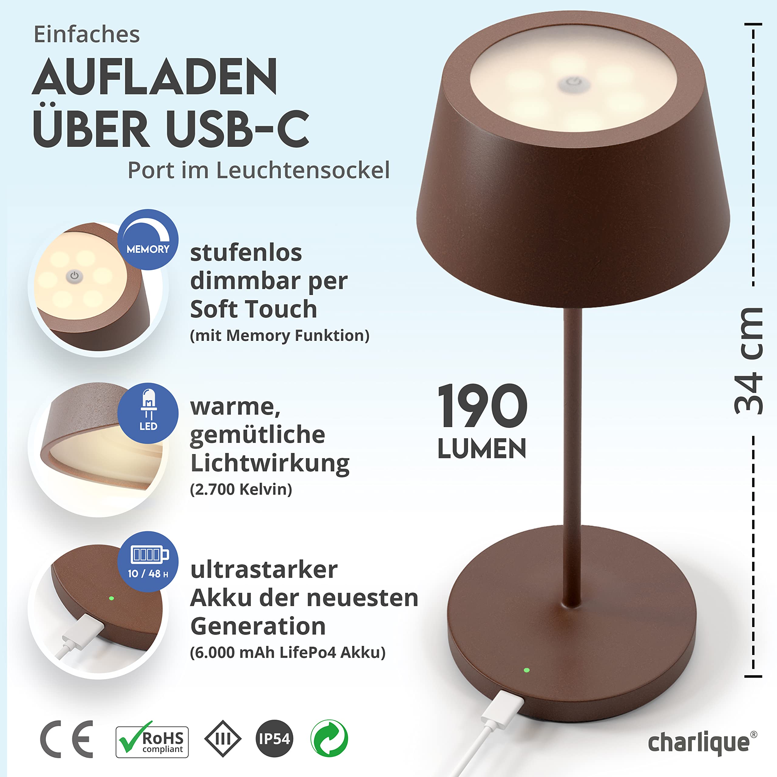 LED Akku Tischlampe - kabellos, braun 34 cm, dimmbar, Aluminium