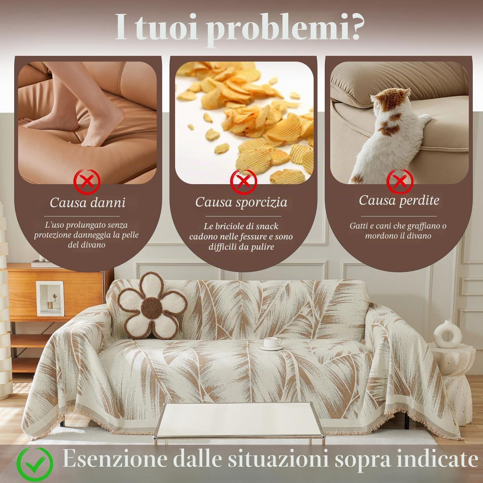 Copridivano 1-4 posti, Telo botanico, Foulard, Coperta reversibile ciniglia, 180x130 cm - Cachi