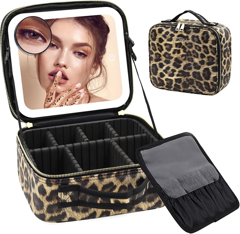 Maleta de maquiagem RRtide com espelho iluminado, divisórias ajustáveis e painel para pincéis, estampa Leopard
