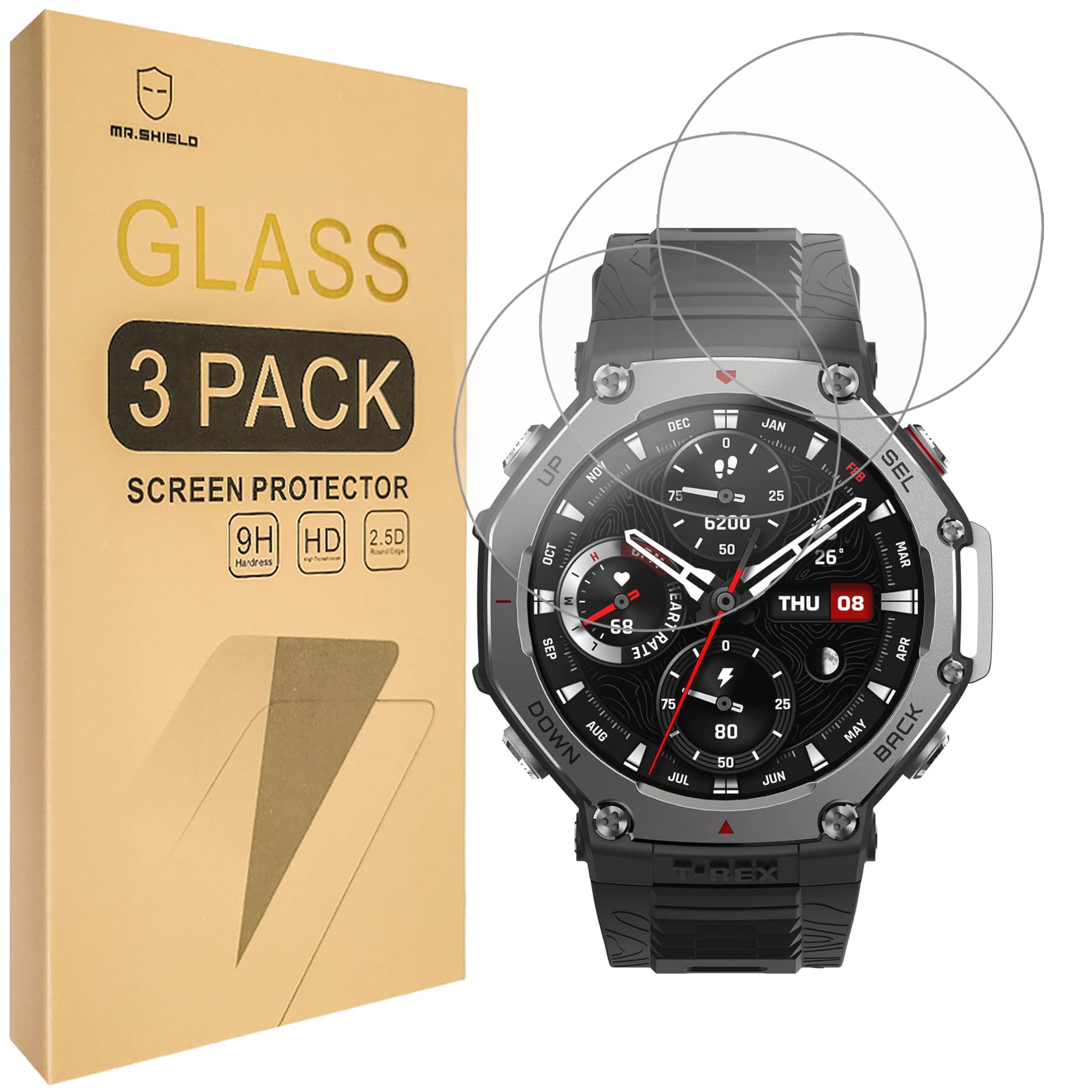 Mr.Shield Screen Protector compatible with Amazfit T-Rex 3 / T-Rex 3 Pro [Tempered Glass] [3-PACK] [Japan Glass with 9H Hardness]