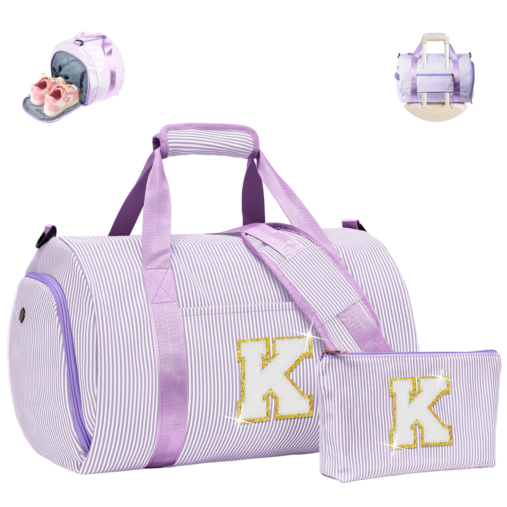 Vogewood Gift for Teenager, Girls Travel Duffle Bag, Kids Initial Overnight Duffel Bags with Shoe Compartment, Personalized Weekender Bag with Makeup Pouch, Teen Girl Gifts Trendy Stuff, Purple, K