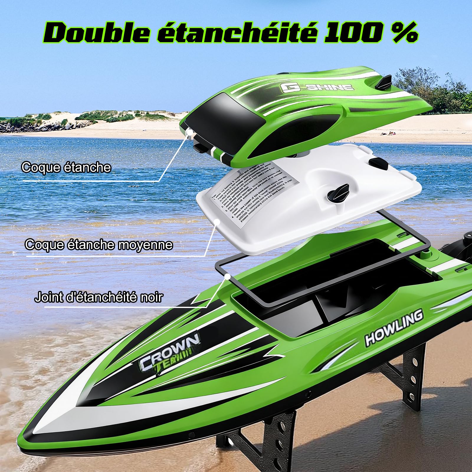 Bateau télécommandé, 55 km/h, bateau télécommandé avec batterie 3S, sans balais, LED, auto-redressement, 2,4 GHz, bateau de vitesse télécommandé, bateau à moteur télécommandé, pour enfants et adultes