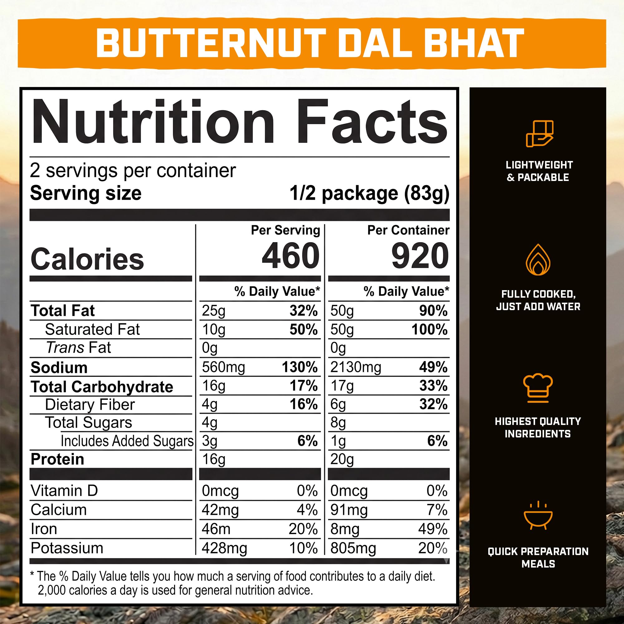 Peak Refuel Butternut Dal Bhat | Alimenti da campeggio liofilizzati | Gusto e qualità incredibili | Alto contenuto proteico | Carne vera | Preparazione rapida (2 sacchetti da portata)