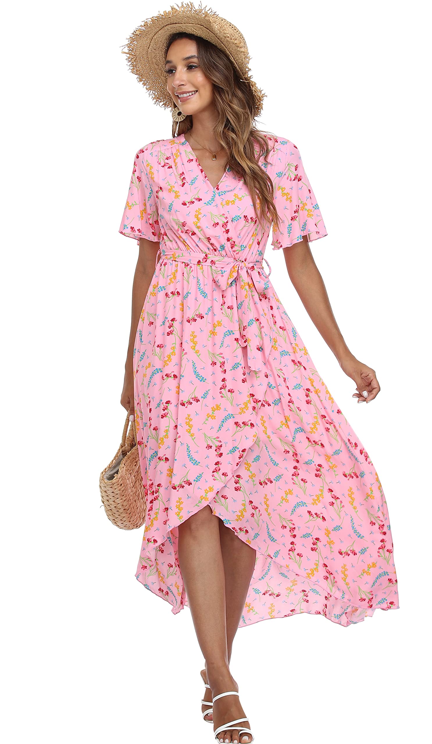 VintageClothing Women's Wrap V Neck Floral Summer Dresses High Low Casual