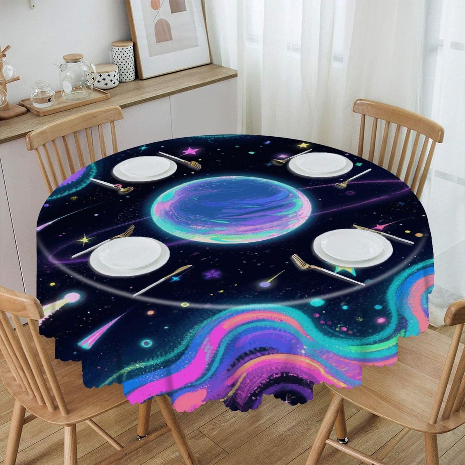 VstaDank Starry Cosmos Round Tablecloth Wipeable Round Polyester Tablecloth Waterproof Wrinkle Free Indoor and Outdoor Table Cover 60 Inch Decorative Farmhouse Table Cloth for Dining