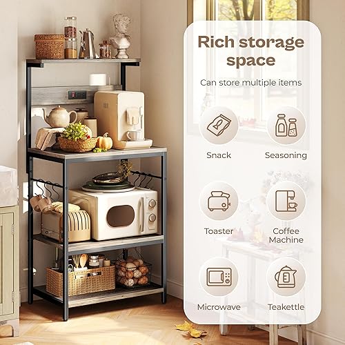 Miniatura 68 de SUPERJARE - Estante de cocina con toma de corriente de 4 niveles, soporte de microondas de cocina con 6 ganchos en forma de S, estante de Marrón