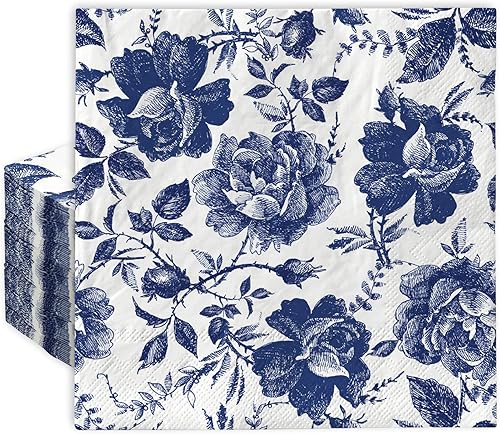AnyDesign 80 servilletas de papel floral de porcelana azul y blanca vintage chinoiserie floral de 6.5 x 6.5 pulgadas, servilletas de mano retro de