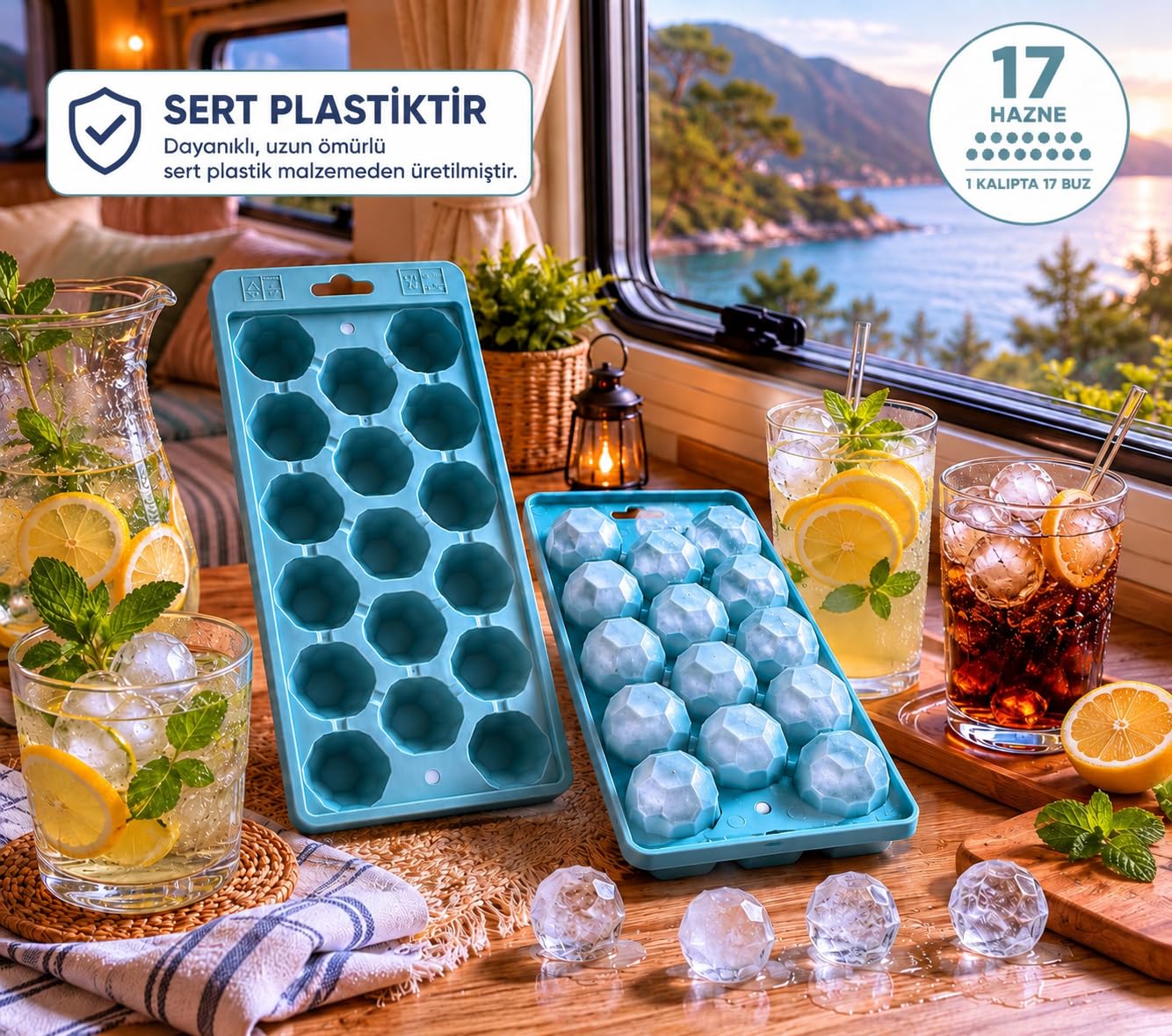 Kristal Buz Kalıbı 2'li Sert Plastik 17 Hazneli İkiz Buzluk Seti, Buzluk, Buz Kabı, Buz Haznesi, Buz Kalıpları, Buz Tepsileri, Buz, Buz Yapma Kalıbı, Çok Amaçlı Buz Küpü Kalıbı