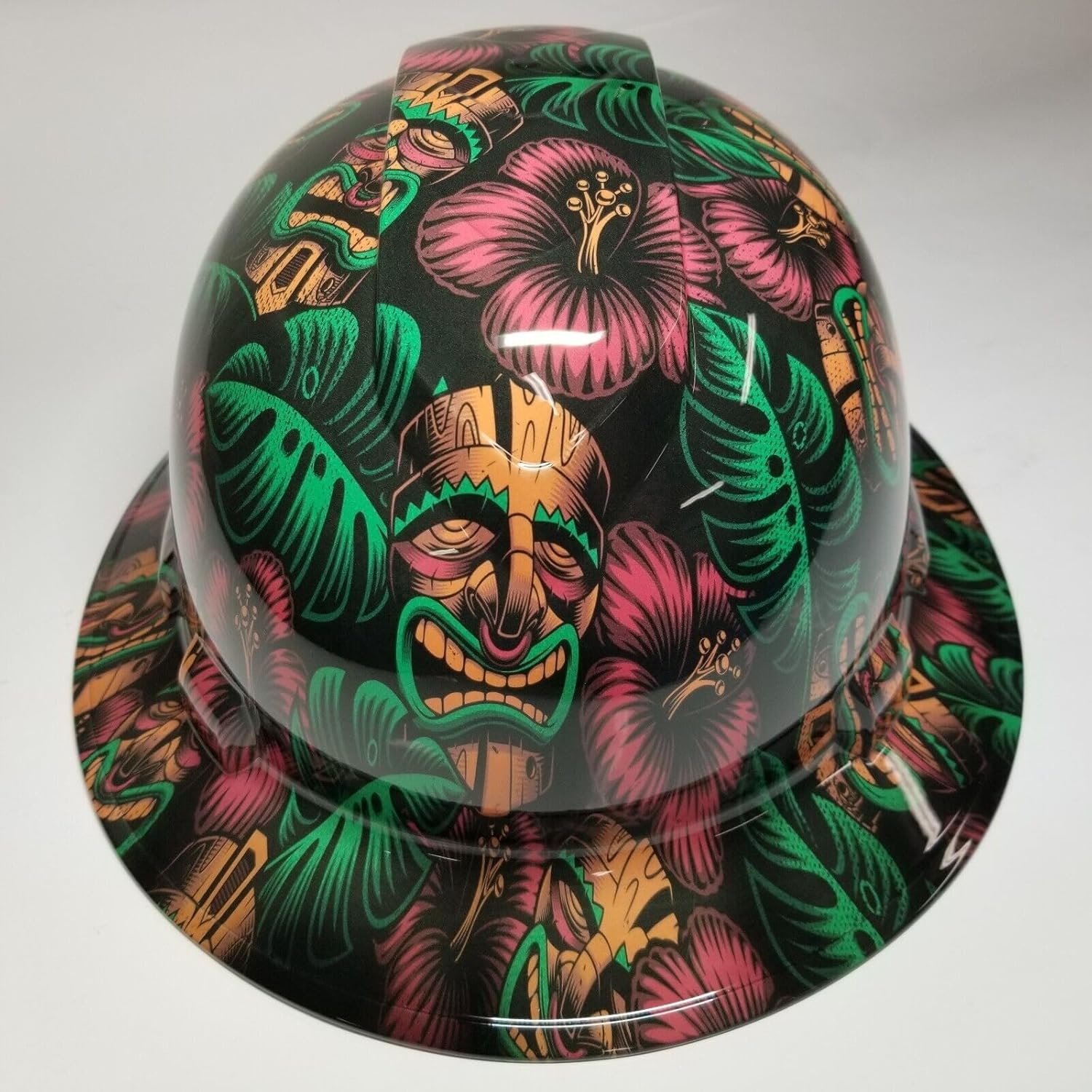 Wet Works Imaging Customized Pyramex Full Brim Tiki MASK Hard HAT with Ratcheting Suspension Custom LIDS Crazy Sick Construction PPE