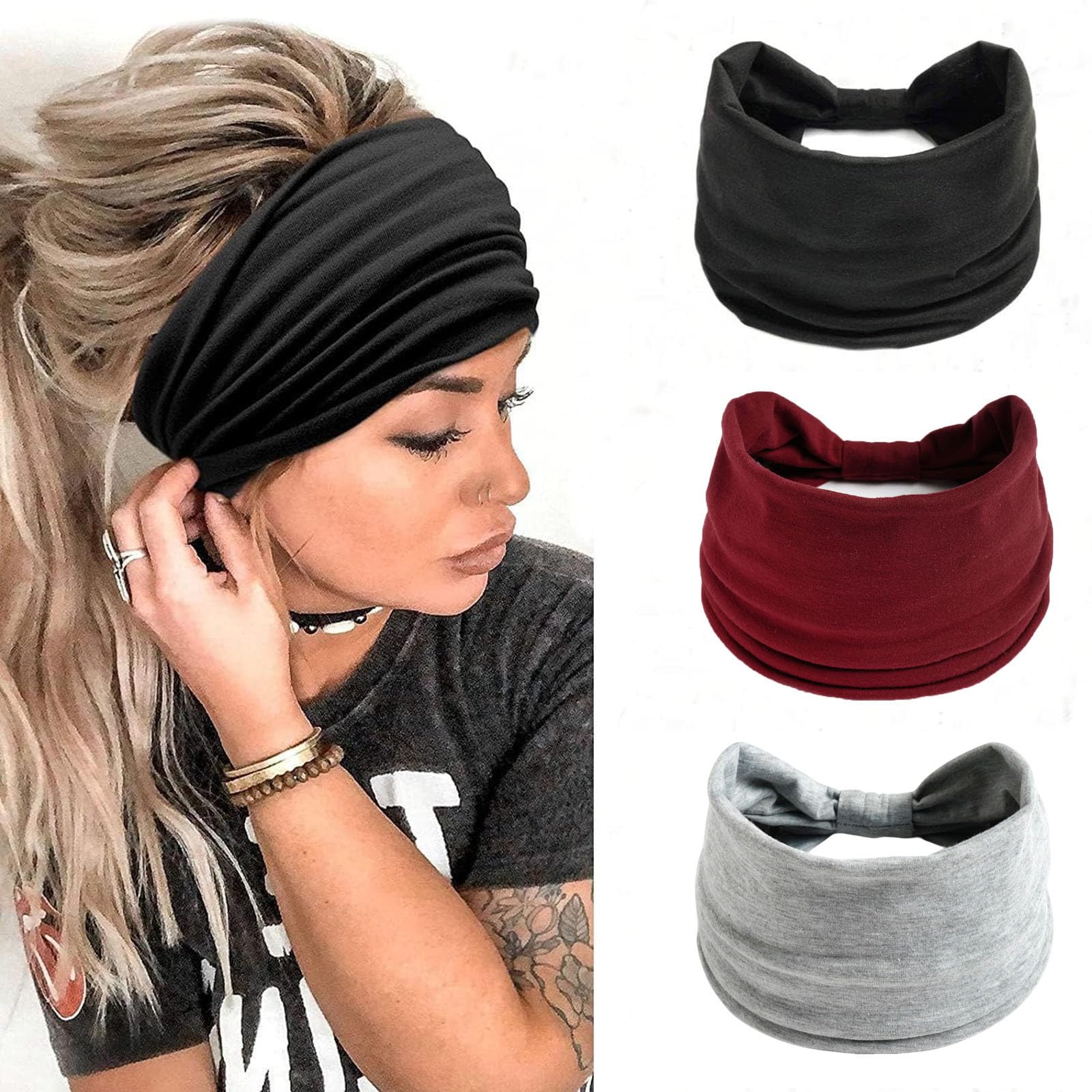 Stirnbänder Damen Frauen Breites Haarband Boho Blumendruck Knot Elastische Lauf Yoga Kopfwickel Haarbänder (3 Farbe)