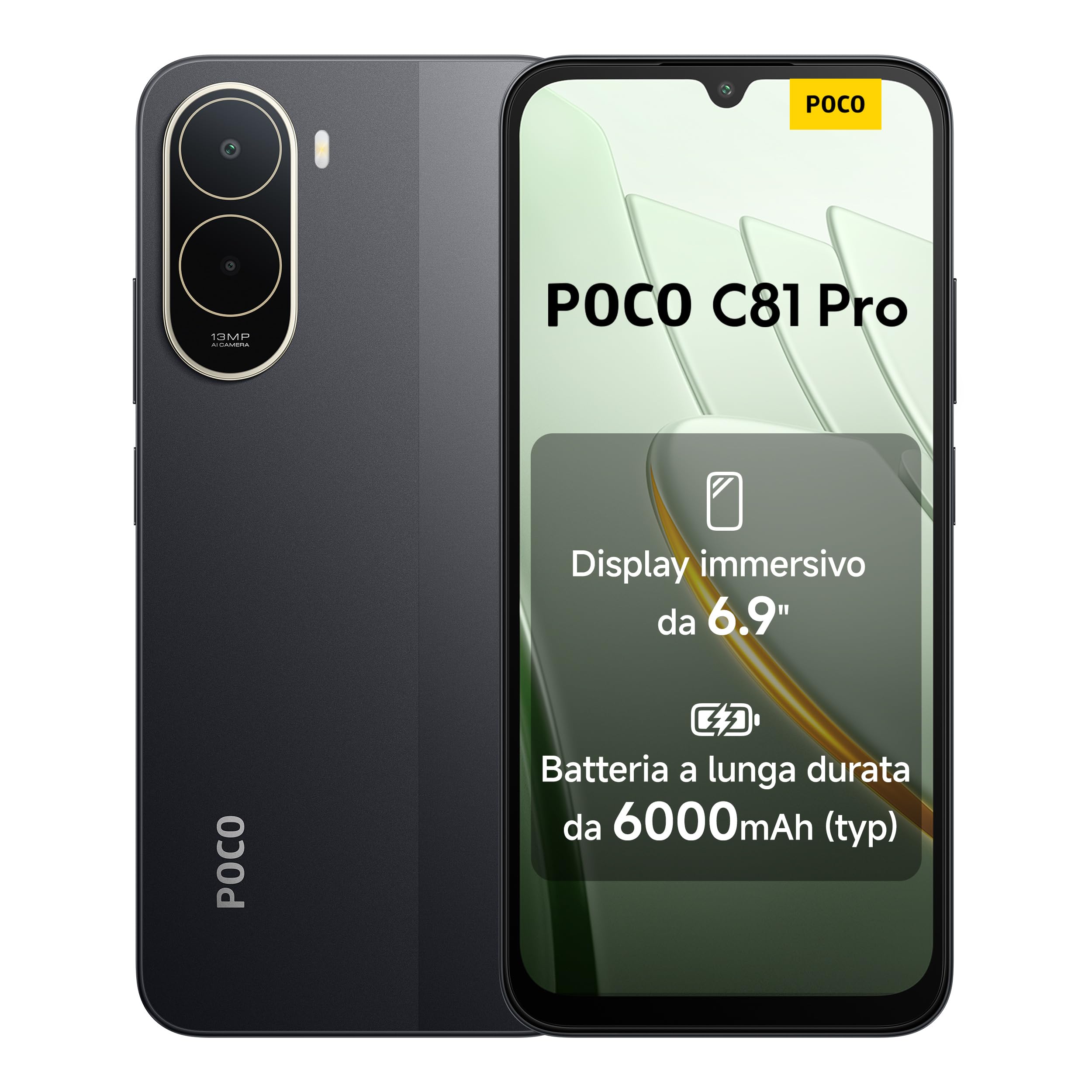 POCO C81 Pro Smartphone 4+128GB, Batteria da 6000mAh(typ), Display immersivo 6,9" con refresh rate 120Hz, Fotocamera AI doppia da 13MP, Design elegante e raffinato, Nero, Garanzia 2 anni+1 anno extra