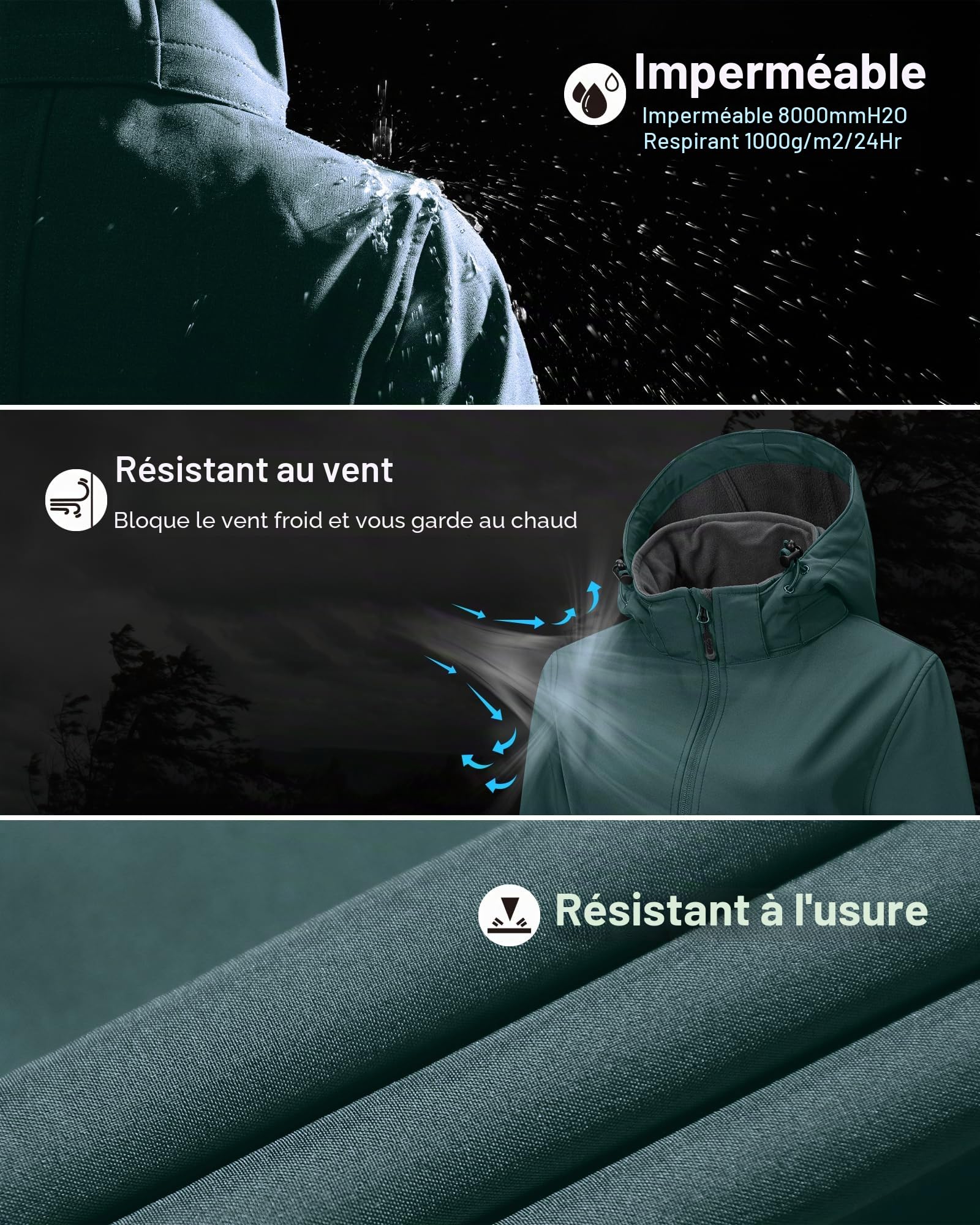 33,000ft Veste softshell légère avec capuche - Veste fonctionnelle pour femme - Doublure polaire - Coupe-vent - Respirant - Manteau long à capuche pour le cyclisme, la randonnée en plein air