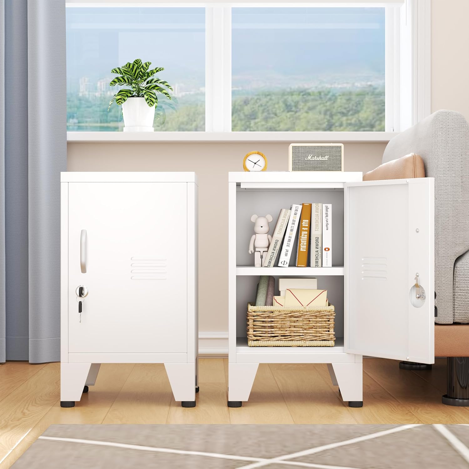 24.5"H Metal Locker Storage Cabinet with Lock - Small Lockable Employees Locking Cabinet Steel Locker Adjustable Shelf & Feet, Single Door Lockable Cabinet for Home, School, Office, Gym (White)