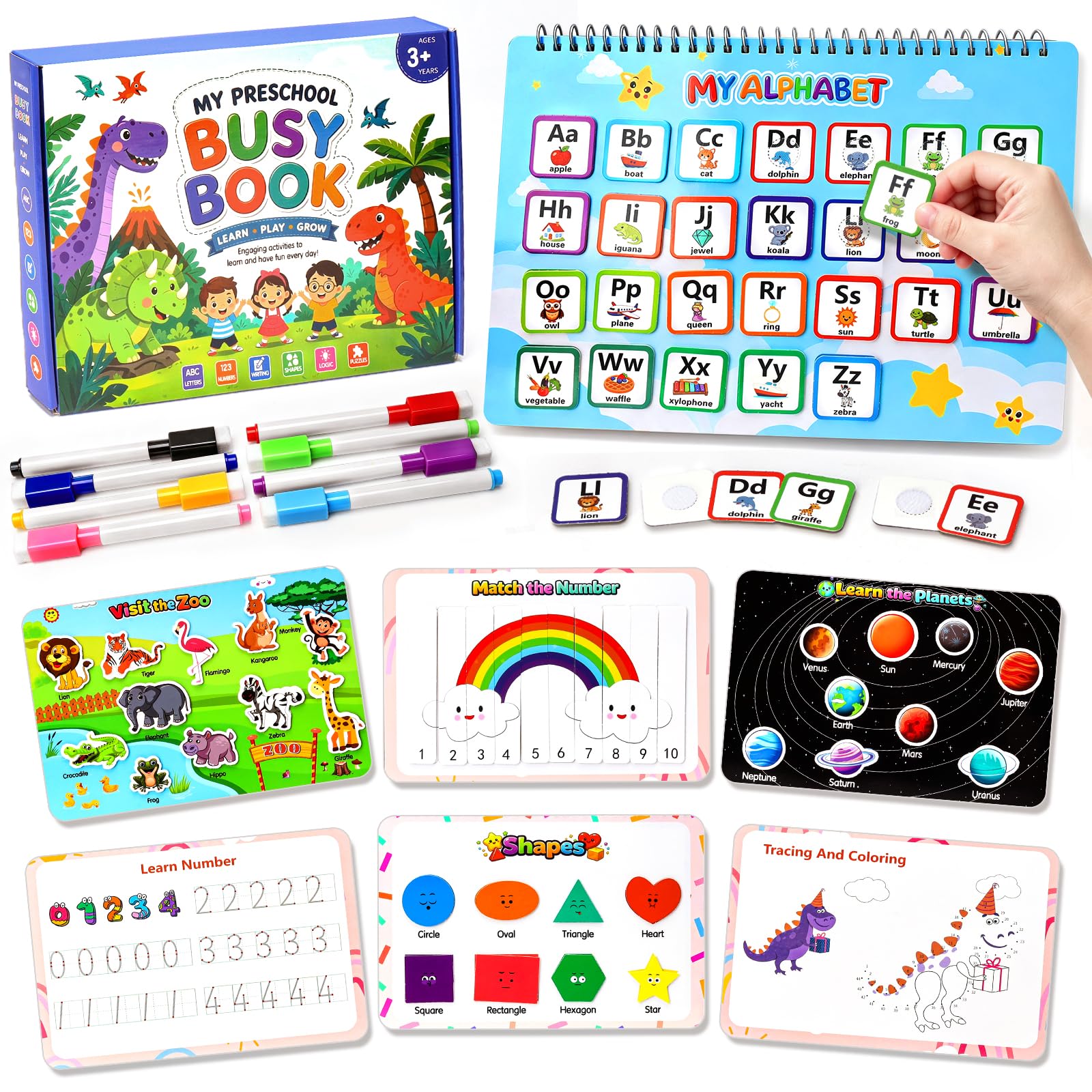 Toddler Busy Book, 16-Theme Preschool Learning Toy with 8 Pens, Ages 3-5