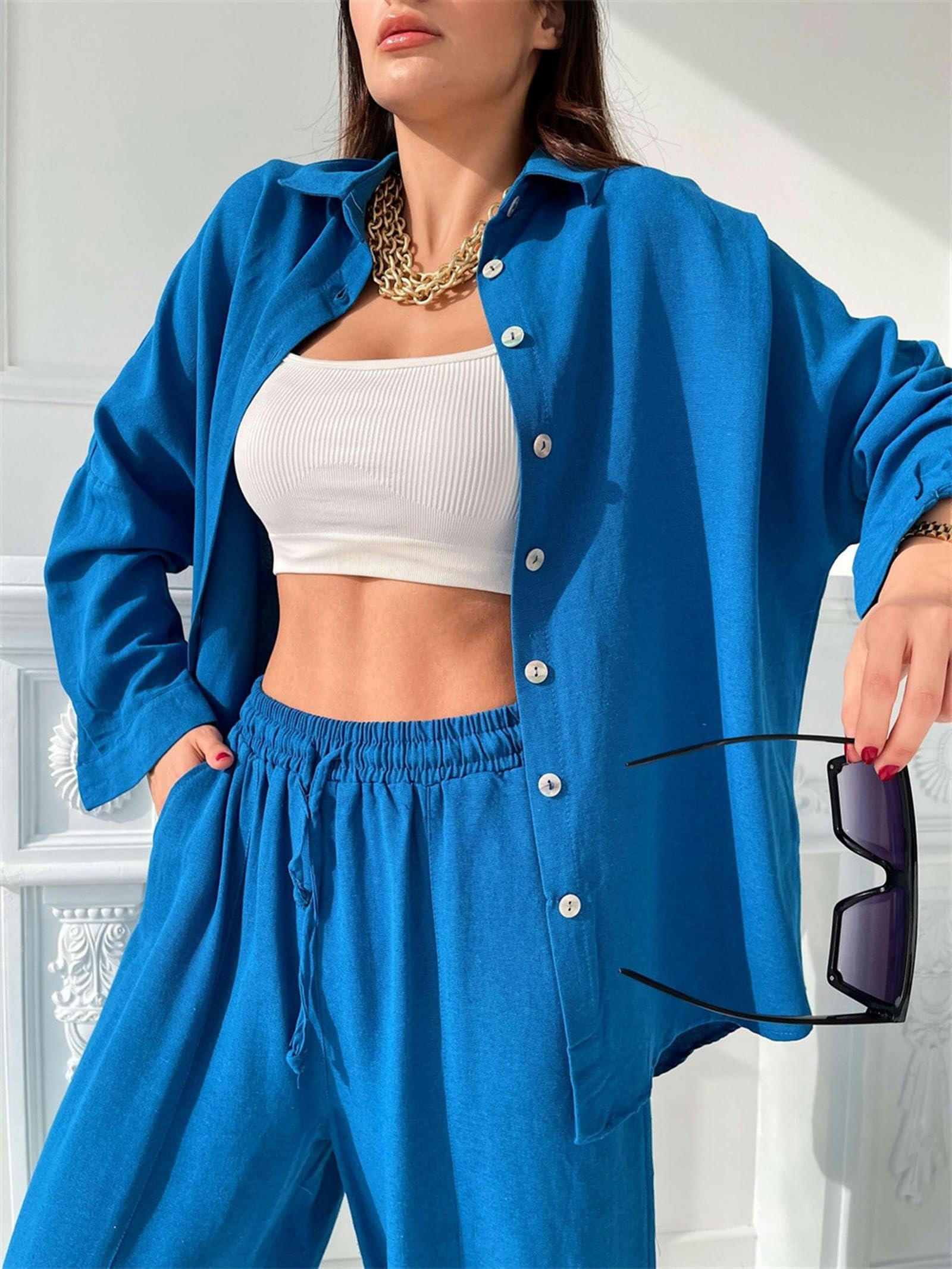 Camicia Casual Estiva da Donna + Pantaloni Stile Harem a Vita Alta Top con Pantaloni Larghi Completo da 2 Pezzi in Cotone e Lino Verde per Donna-Blu-M