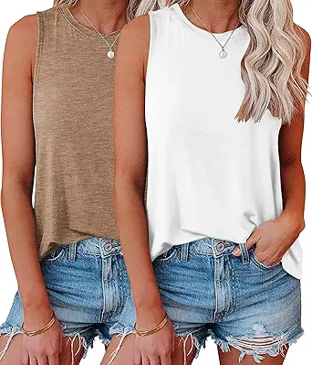KKJ 2 Pack Womens Tank Tops Workout Tees Summer Clothes Fashion Outfits Crew Neck Sleeveless Loose Fit Fall Casual Shirts