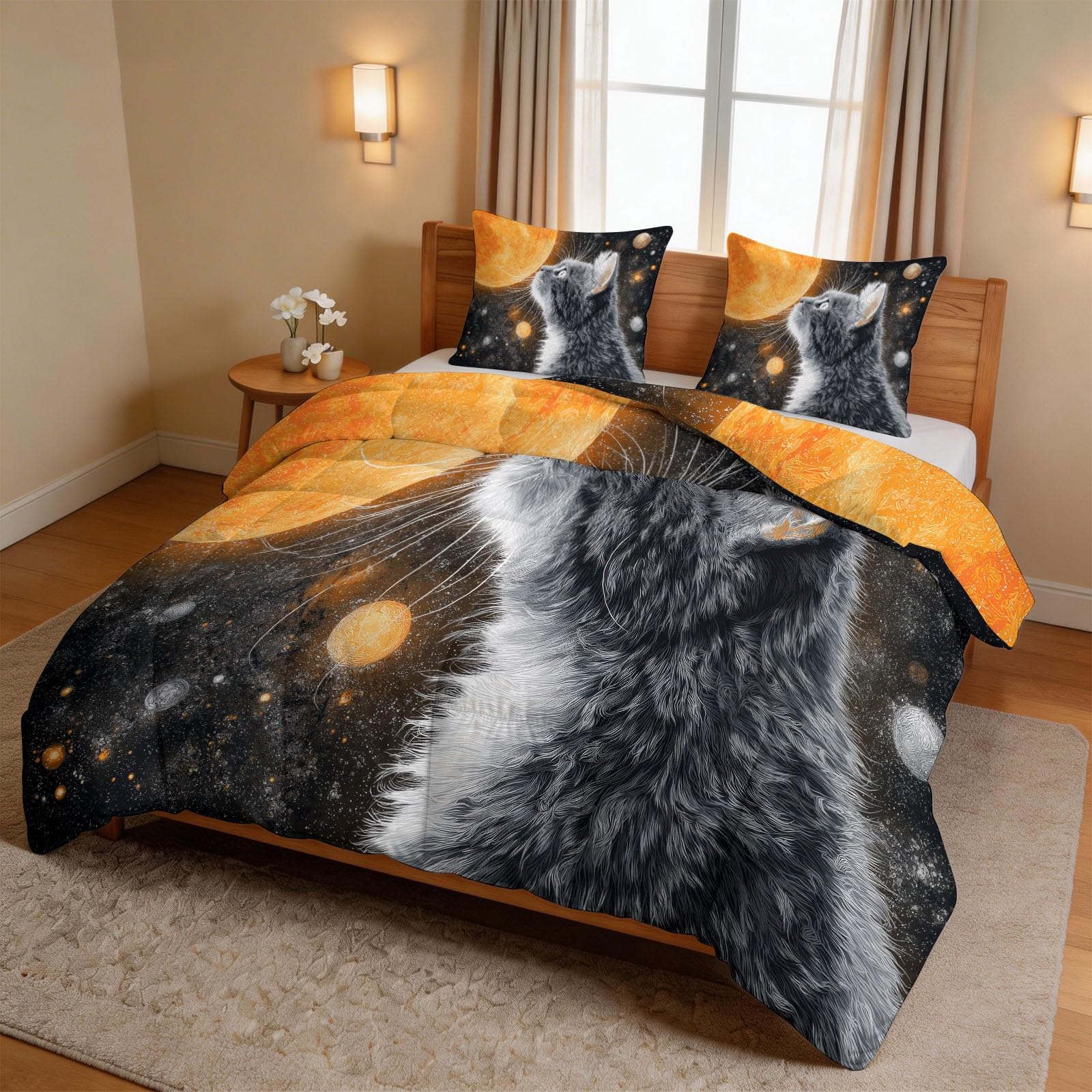 Kołdra dziecięca 155 x 220 cm, bez poszewki na poduszkę i lato, fotografia kotów, księżyc, łapy kota z pranej bawełny, ciepła, miękka kołdra puchowa i nadająca się do prania, całoroczna kołdra z 2