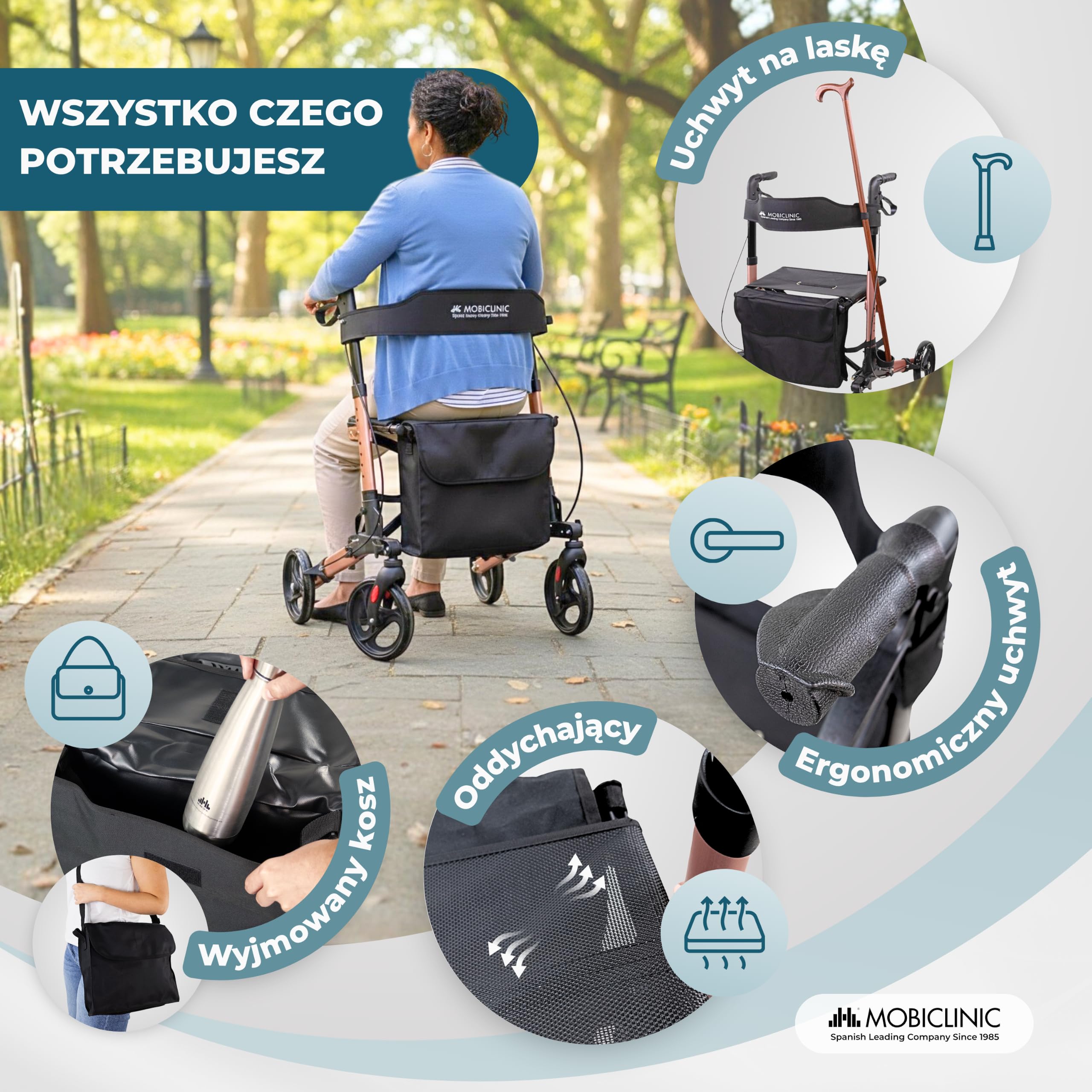 Mobiclinic®, Chodzik Składany, Siedzisko i Oparcie, do 136 kg, Różowe Złoto, Regulowana Wysokość, Kosz do Przechowywania, Uchwyt na Laskę, Hamulce i Blokada Bezpieczeństwa, Aluminium, Trajano