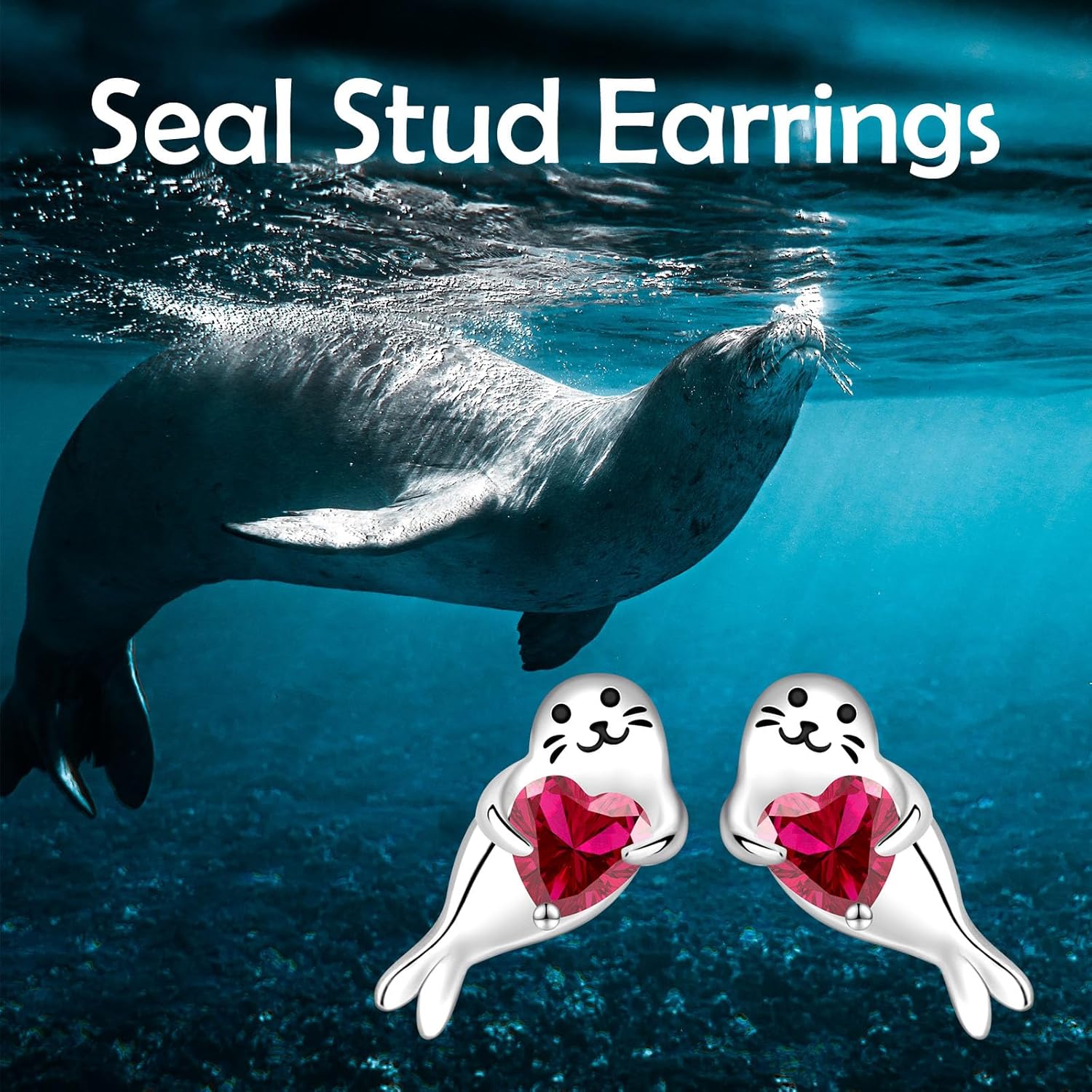 Cute Seal Earrings for Women - 925 Sterling Silver Birthstone Seal Stud Earrings Animal Jewelry Hypoallergenic Birthday Christmas Gift - Image 4