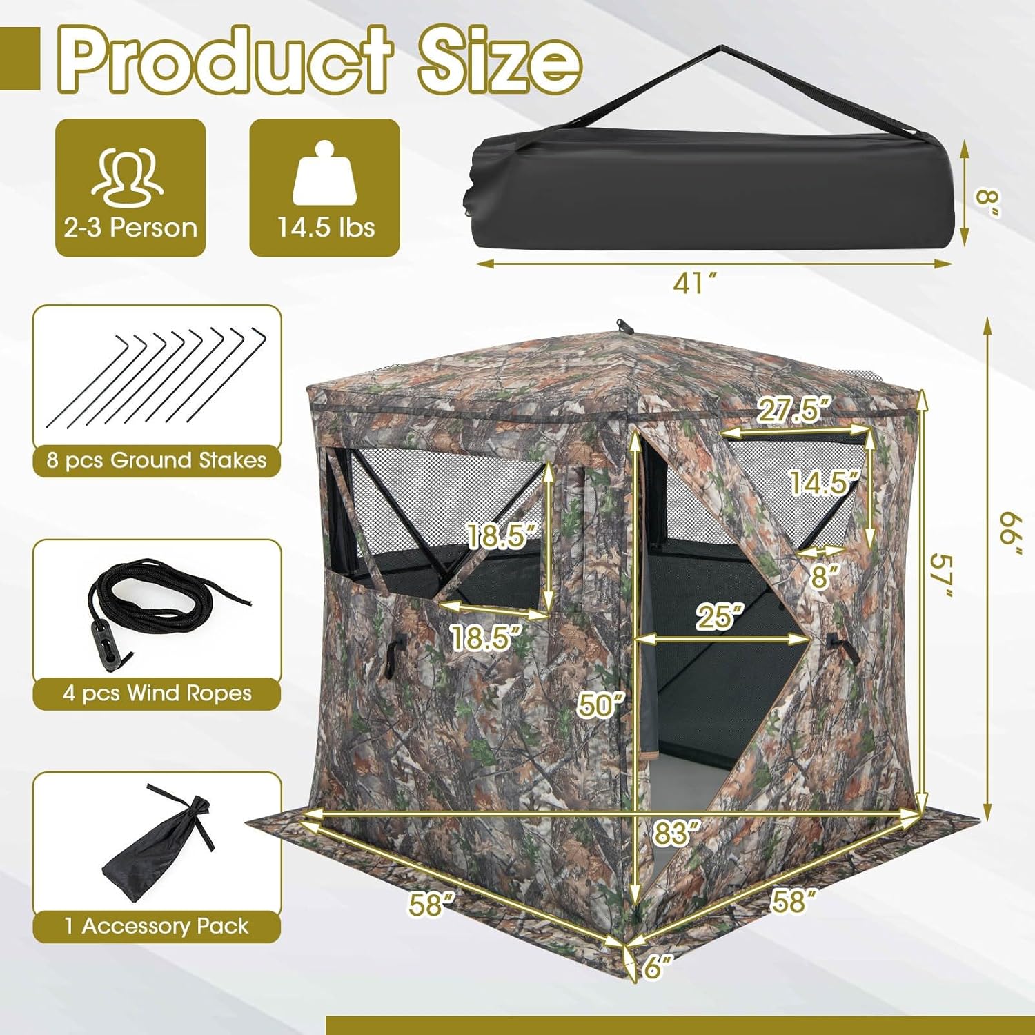 Hunting Blind Portable Pop Up Ground Tent 2-3 Person w/Carry Bag Storage Pocket