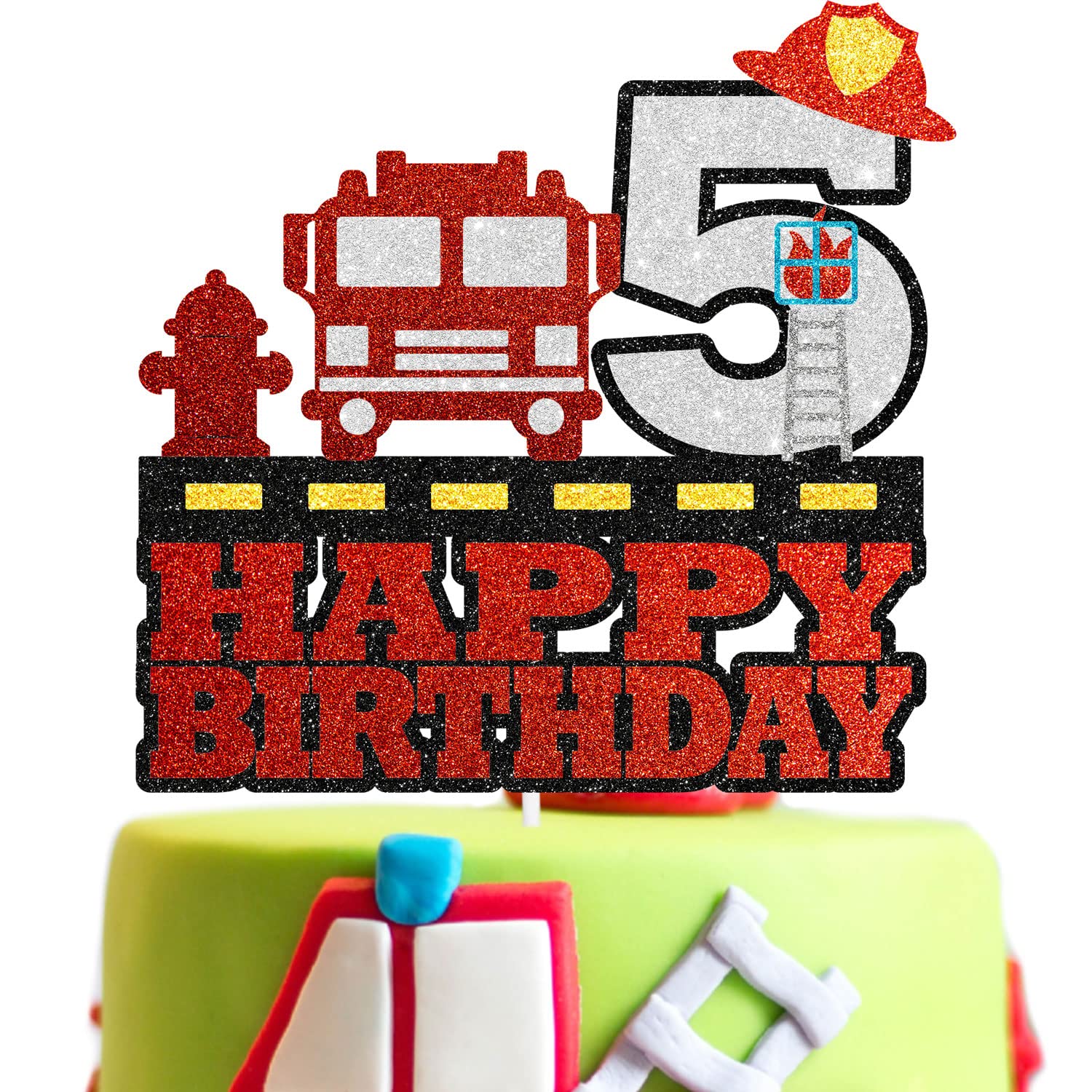 SugarGera 5th Fire Birthday Cake Topper - Fire Themed Party Fire Truck Ladder Fire Hydrant Fire Hat Happy Birthday Decoration