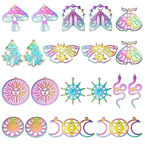 COGCHARGER 20Pcs Mushroom Snake Sun Moon Moth Butterfly Charms Stainless Steel Charms Filigree Metal Embellishments for Jewelry Bracelets Necklace Making DIY Craft Supplies