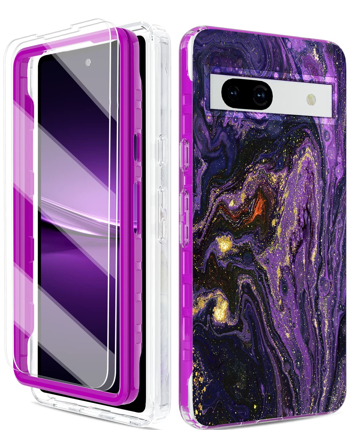 Casetego Compatible with Google Pixel 7A Case,[2 Pack Tempered Screen Protector] Marble Design Three Layer Heavy Duty Shockproof 360 Full Body Protective Cover Case for Google Pixel 7A,Deep Purple