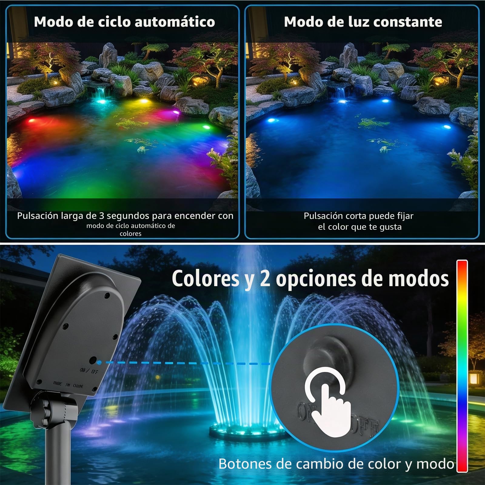 T-SUN Lámpara Sumergible LED Solar Luces Solares para Estanques 2 Modo 6 Color Foco Solar Impermeable Luces Solares Exterior para Estanques, Acuarios, Fuentes, Piscinas, Jardín(5 EN 1)