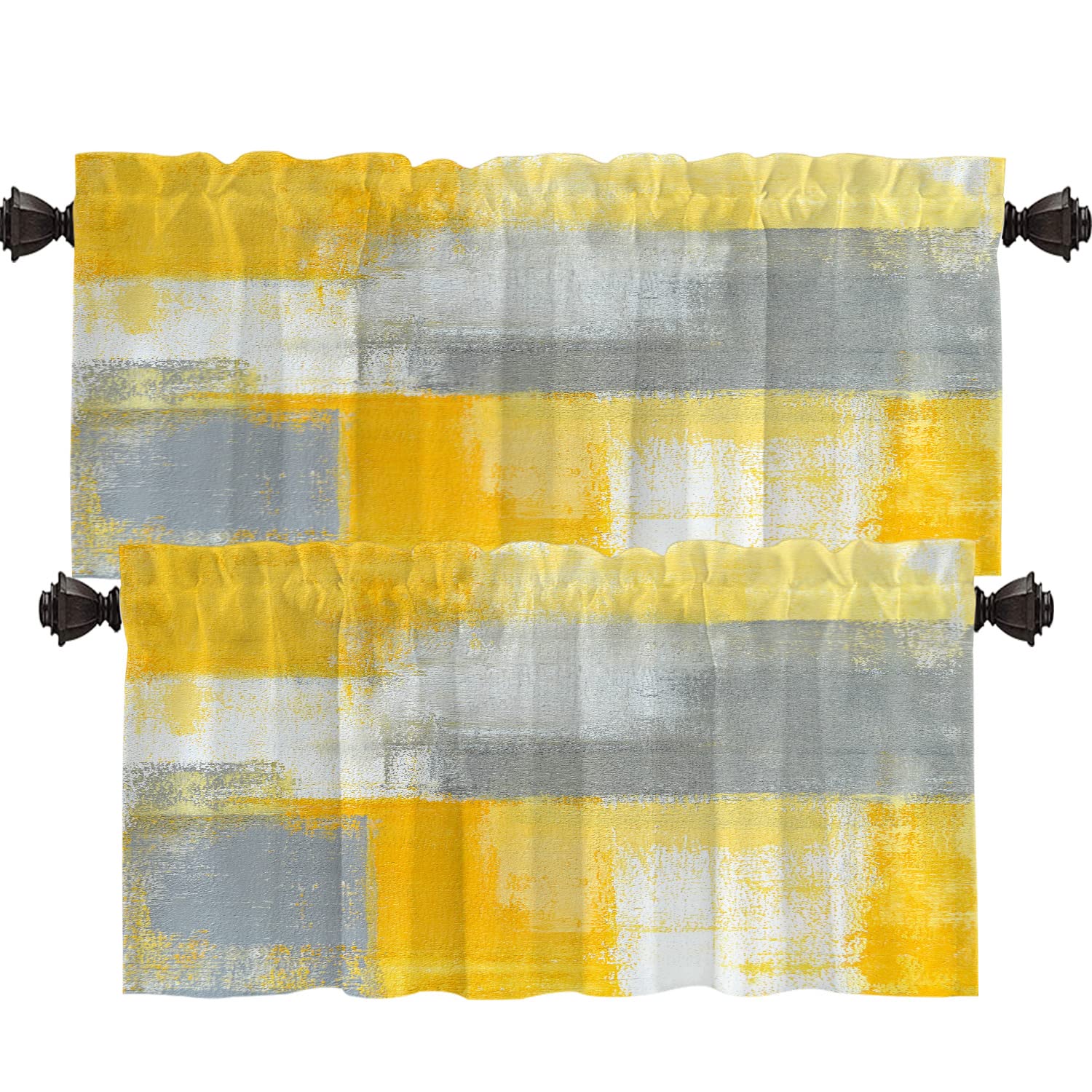 Shrahala Grey and Yellow Abstract Art Painting Kitchen Valances Half Window Curtain, Modern Abstract Art Kitchen Valance for Window Ink Printing Valances Curtains for Kitchen Decor 52x18 inch(2pcs)