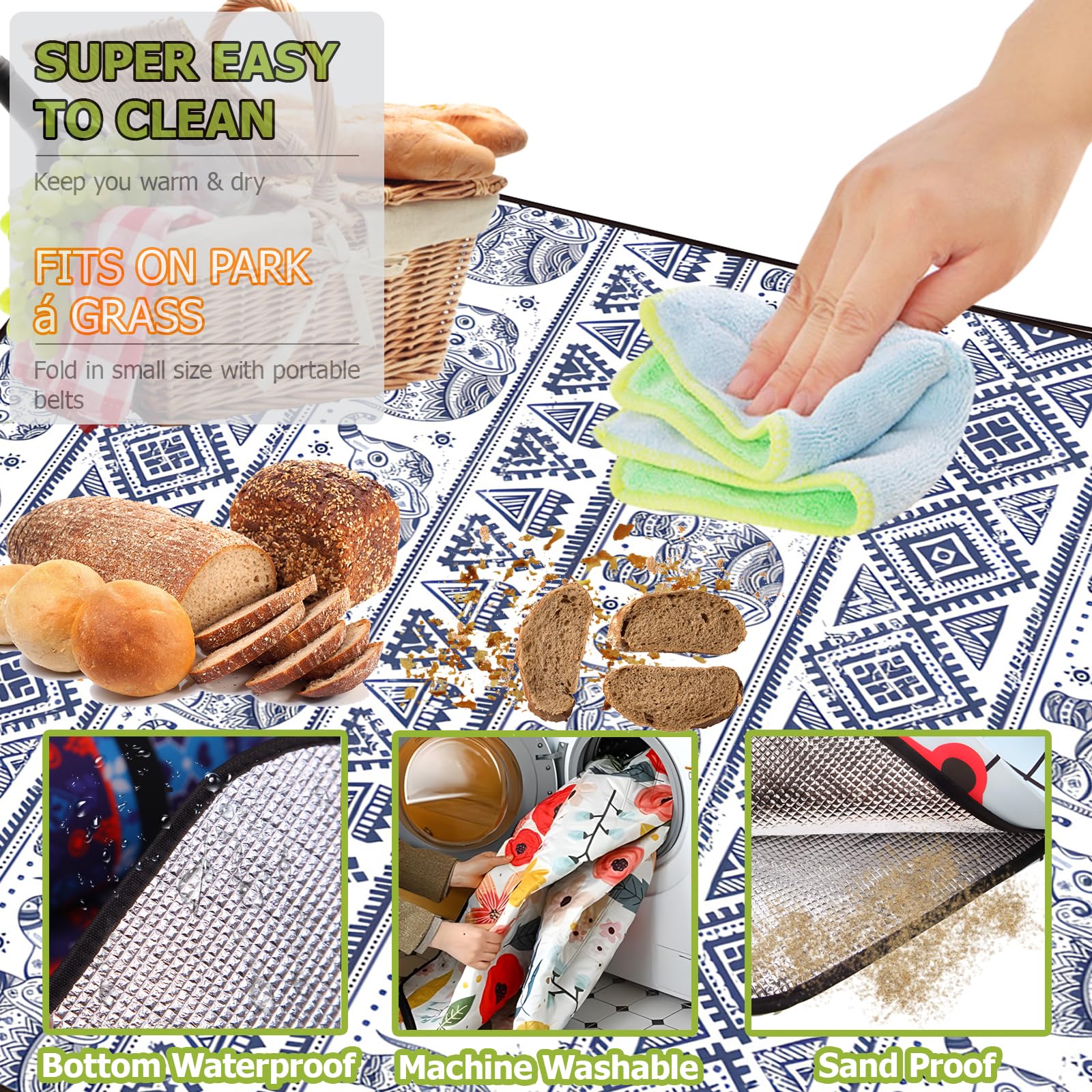 300 x 300 cm Picknickdecke, unten wasserdicht, Strand-Picknickmatte, extra groß, Bohemian, faltbar, maschinenwaschbar, für Outdoor, Picknick, Garten, Strand, Camping