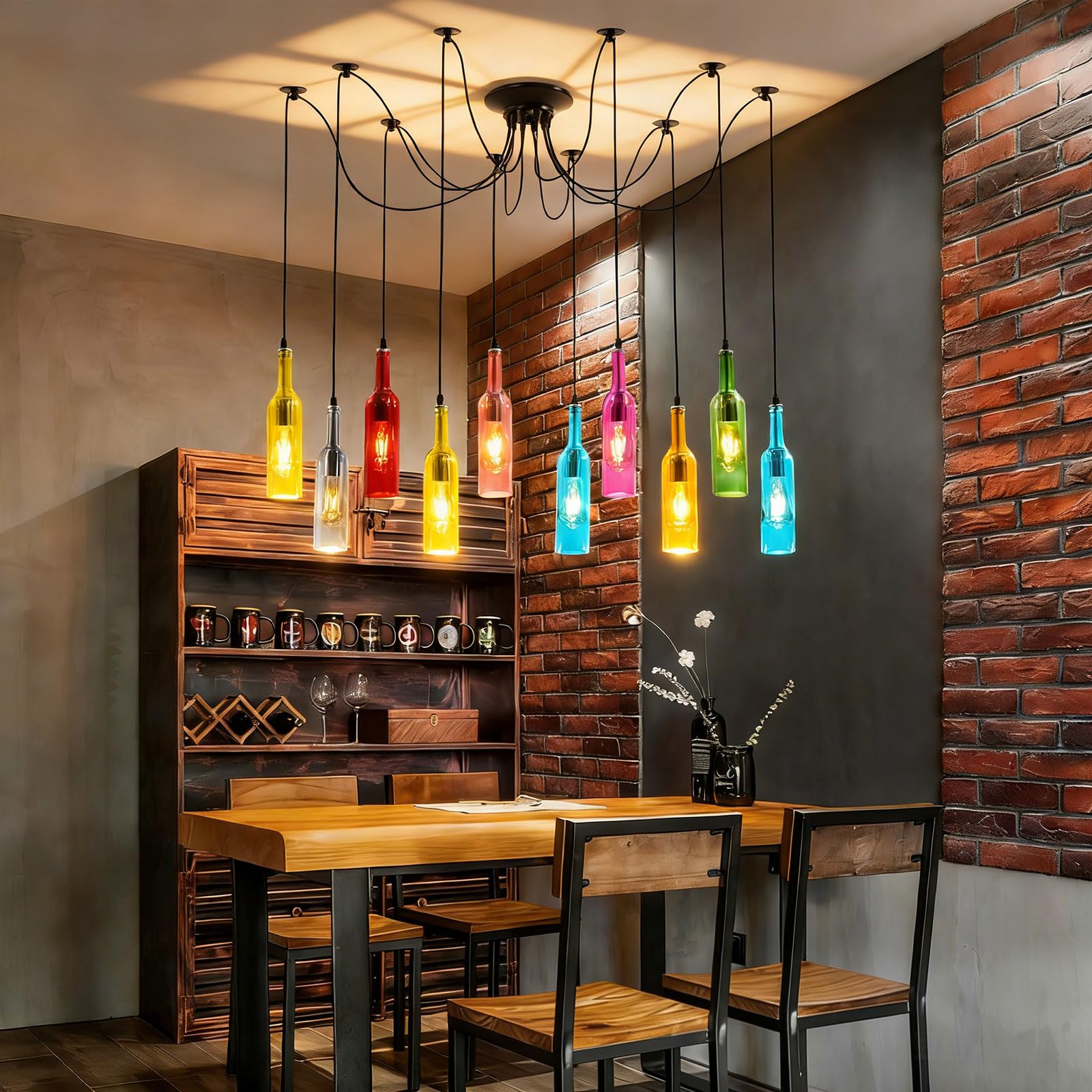 Lampadario a sospensione, stile retrò, in vetro, E27, 10 luci | Lampada a sospensione in vetro con altezza regolabile, ideale come lampada a sospensione per tavolo da pranzo per cucina