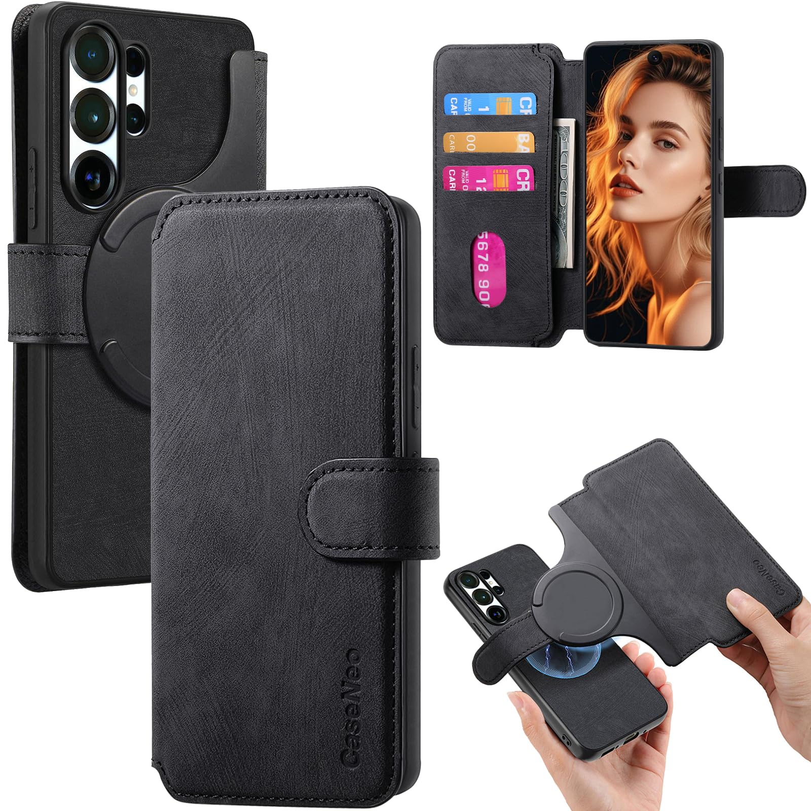 Detachable Magnetic Wallet Case for Samsung Galaxy S26 Ultra with Card Slots Holder, Compatible with MagSafe Retro PU Leather Folio Flip Kickstand Phone Cover for Galaxy S26 Ultra CXMG Black