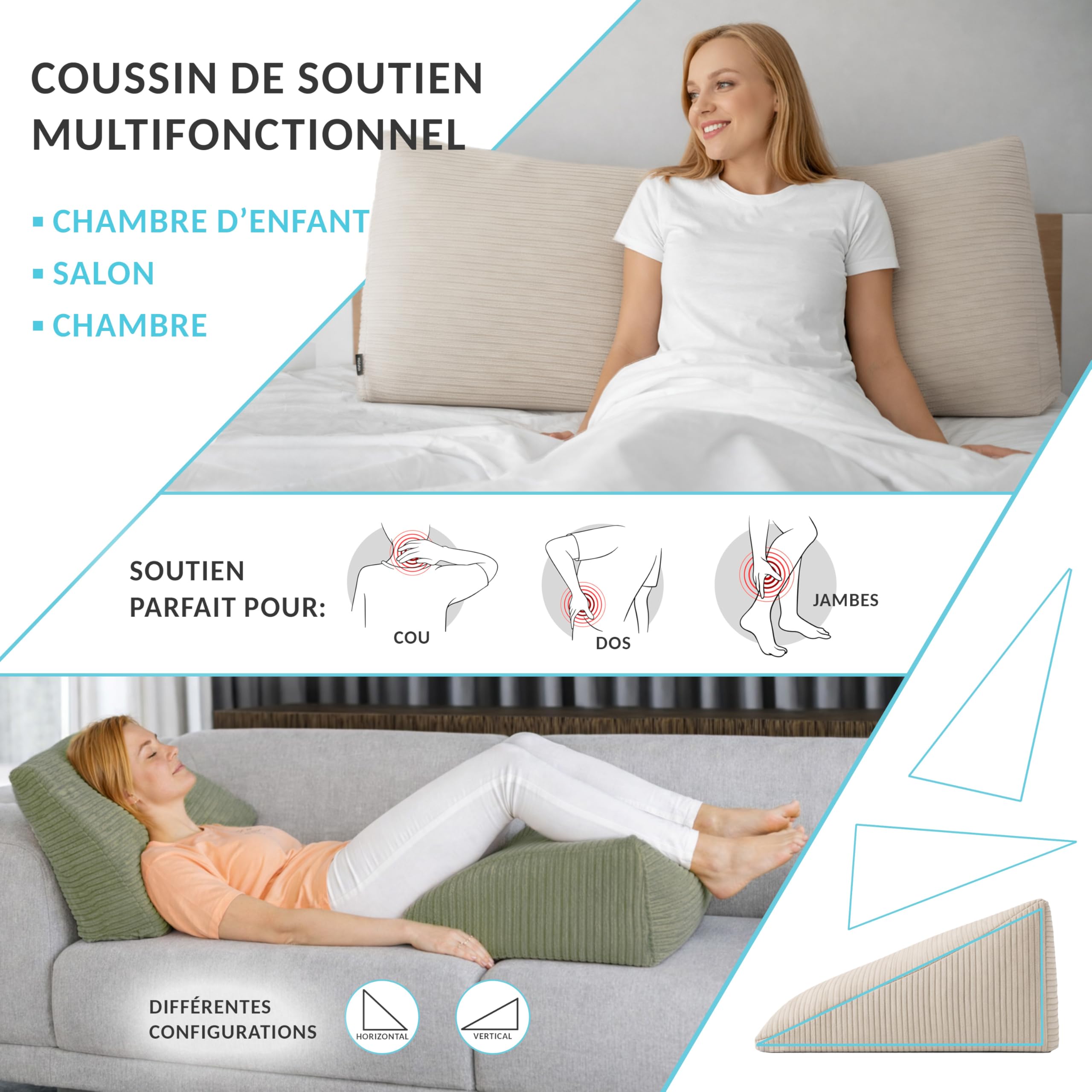 POKAR Coussin de Lecture 70x40x20 cm | Coussin Dossier Canapé en Velours Côtelé avec Poches Latérales | Grand Coussin de Dos pour Lit et Canapé | Certifié Oeko Tex | Beige