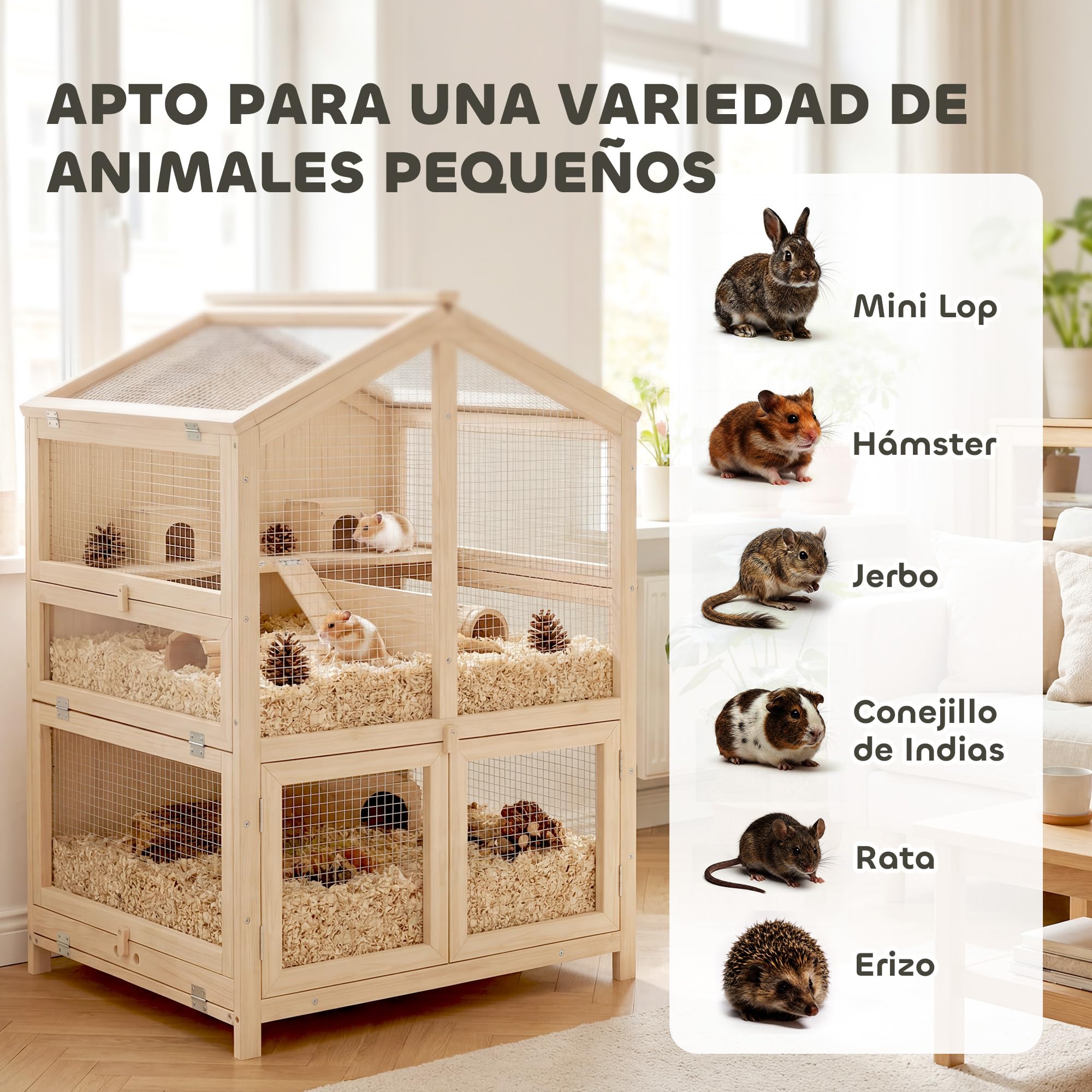 PawHut Jaula para Hámster de Madera de 3 Niveles 68x61,5x90 cm Natural | Casa para Hámster de Madera con Bebederos, Casetas, Balancines, Rampas, Bandeja Extraíble, Tapas Abatibles