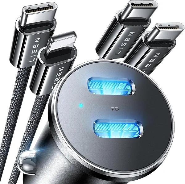 LISEN 90W for iPhone 17 Pro Max Car Charger USB C Fast Charge,Dual Fast Charging Port PD 45W USB C Car Charger Type C Adapter with 2 Cables [Lighning&USB-C] for iPhone 17 Pro/16/15/14,Galaxy S25/S24