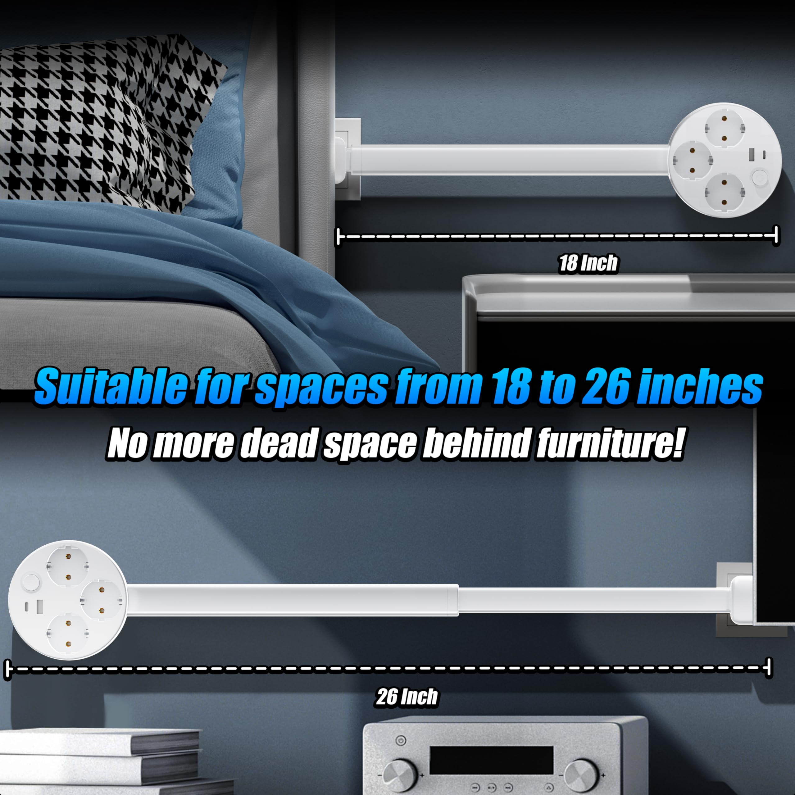 Expander de Enchufe Giratorio Extensible - 3 Tomas de Corriente alterna y Puertos USB, Ajustable de 18-26 Pulgadas para Muebles Traseros y Espacios Apretados
