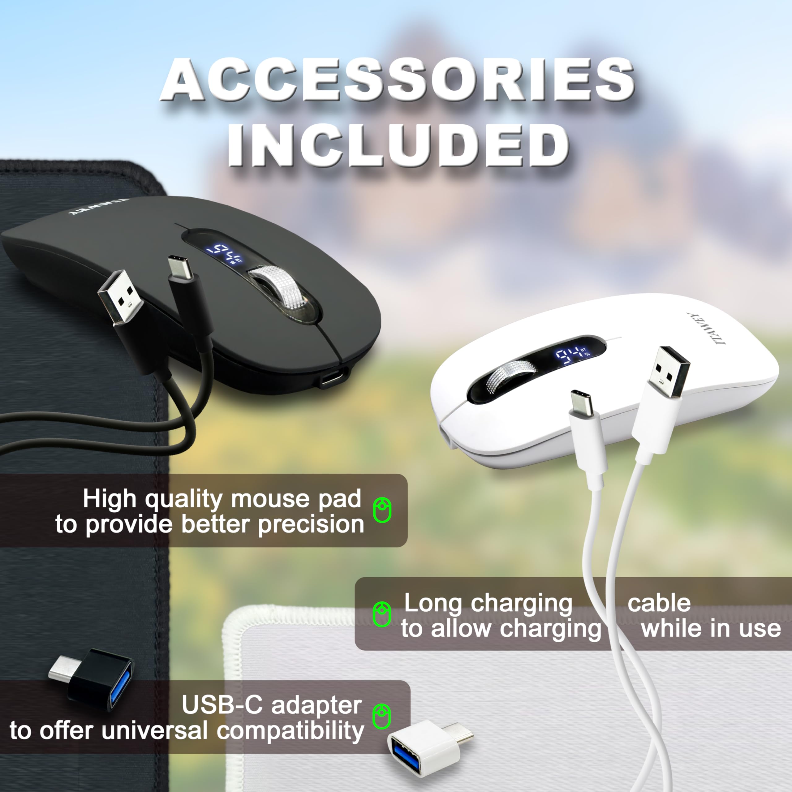 Combo de mouse y almohadilla inalámbricos, con pantalla LCD, triple modo (2 x Bluetooth y 1 x Nano USB), recargable, clics silenciosos, rueda de desplazamiento de acero de alta precisión, 3200