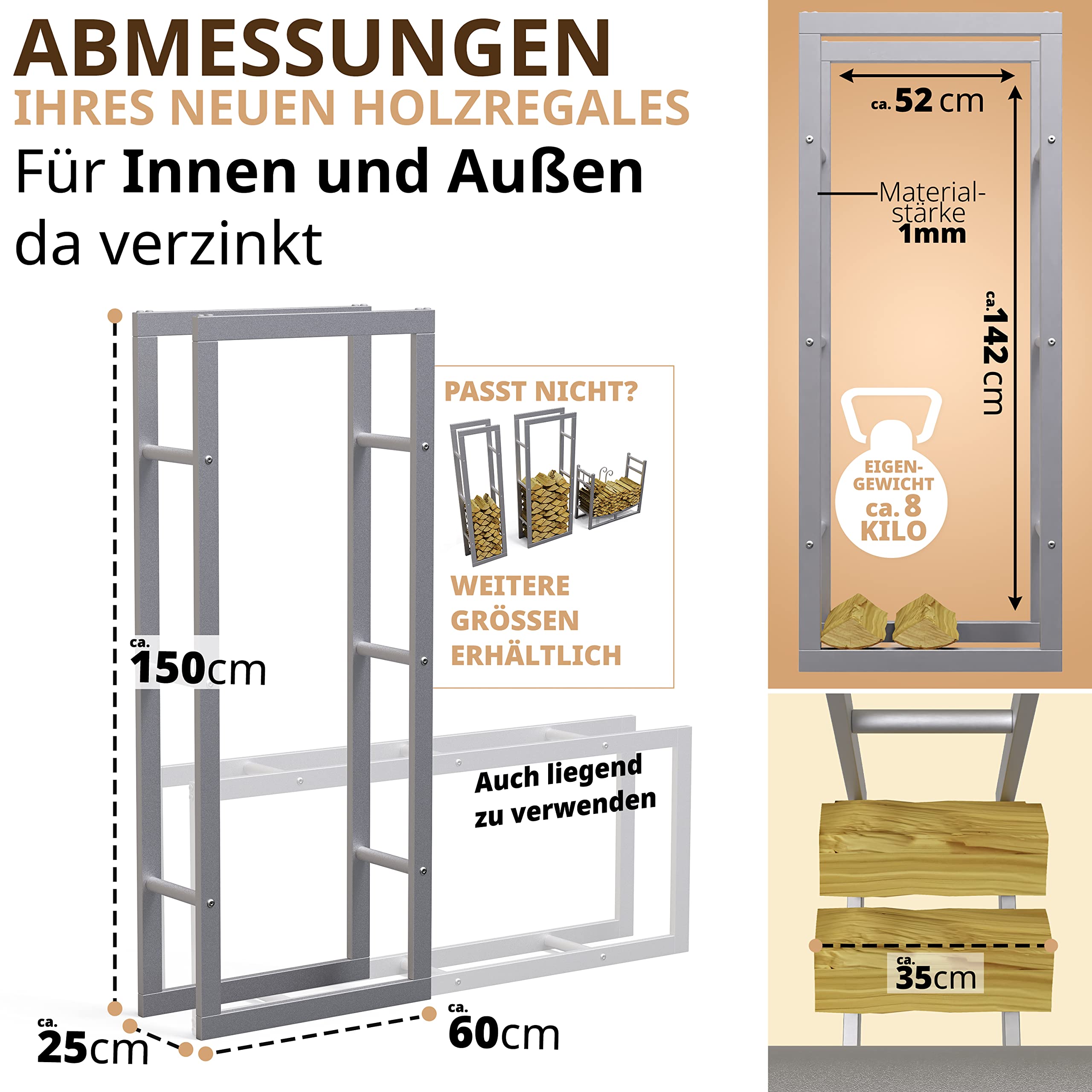 Legnaia In Metallo Laneetal 150x80x25 Cm - Per Interno/Esterno, Capacit&agrave; 100 Kg | Nero Con Base Rialzata