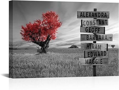 iLOOKLiKE Letrero de calle personalizado de Crossroads con nombre de familia, arte de pared de amor, corazón, árbol, pintura, lienzo con varios