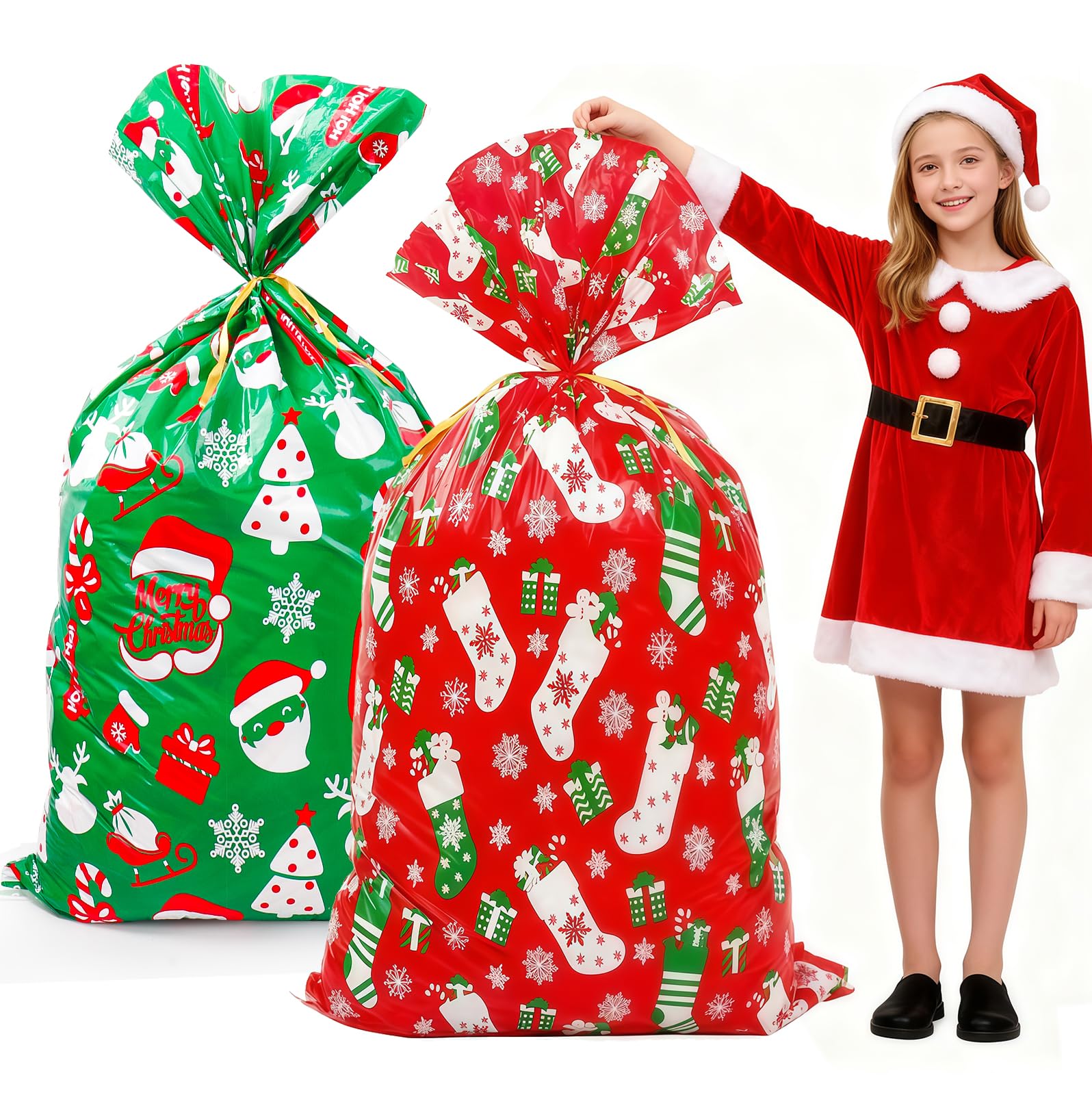 2PCS Extra Large Christmas Drawstring Gift Bags for Presents, Large Christmas Bags with Festive Prints, Xmas Wrapping Bags for Party Favors, Stocking Stuffers, and Holiday Celebrations (142x90cm)