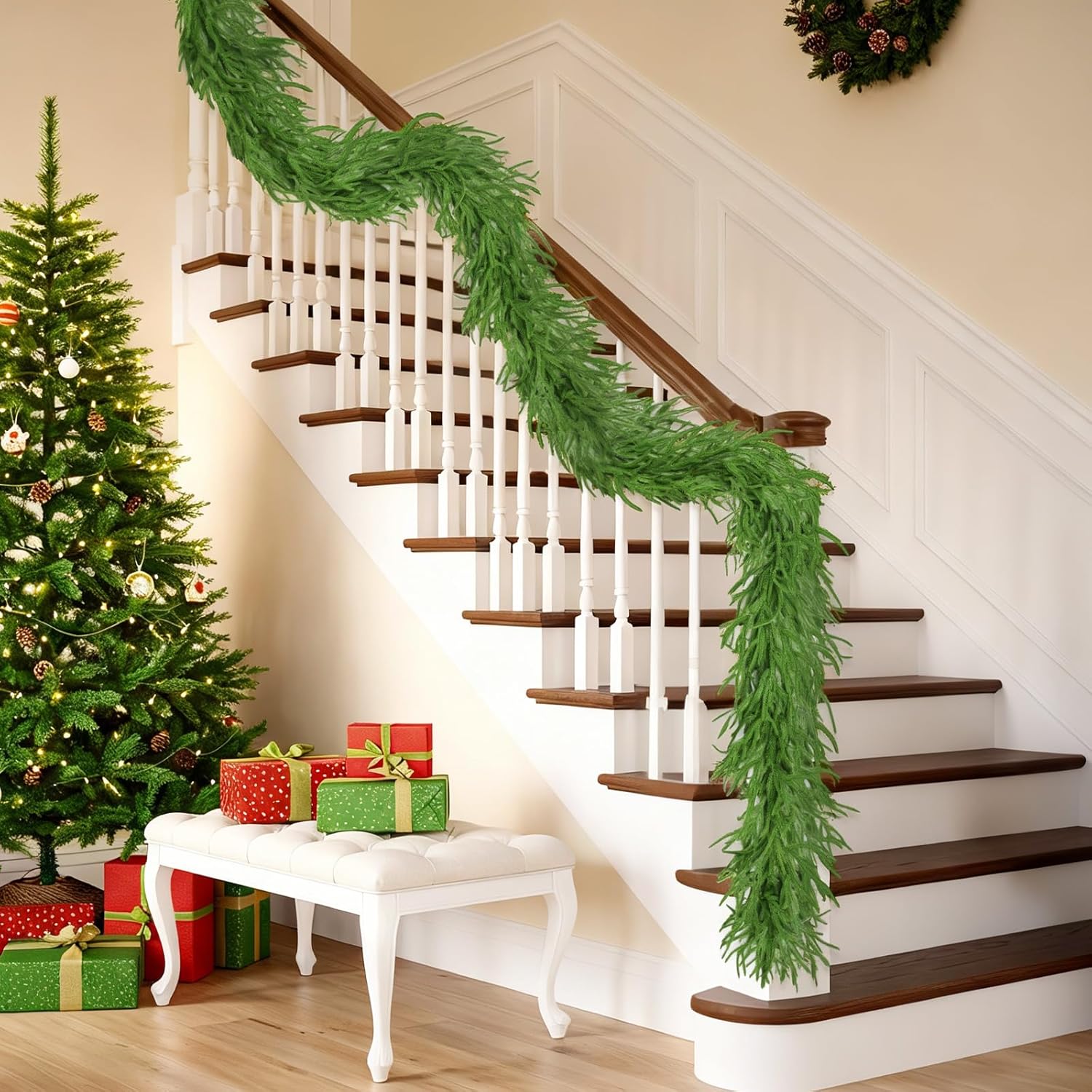 Christmas Garland, 9FT Artificial Norfolk Pine Garland, Real Touch Pine Garland, 96 Branches Christmas Garland for Mantle, Staircase, Banister, Indoor, Outdoor Christmas Decorations - Image 5