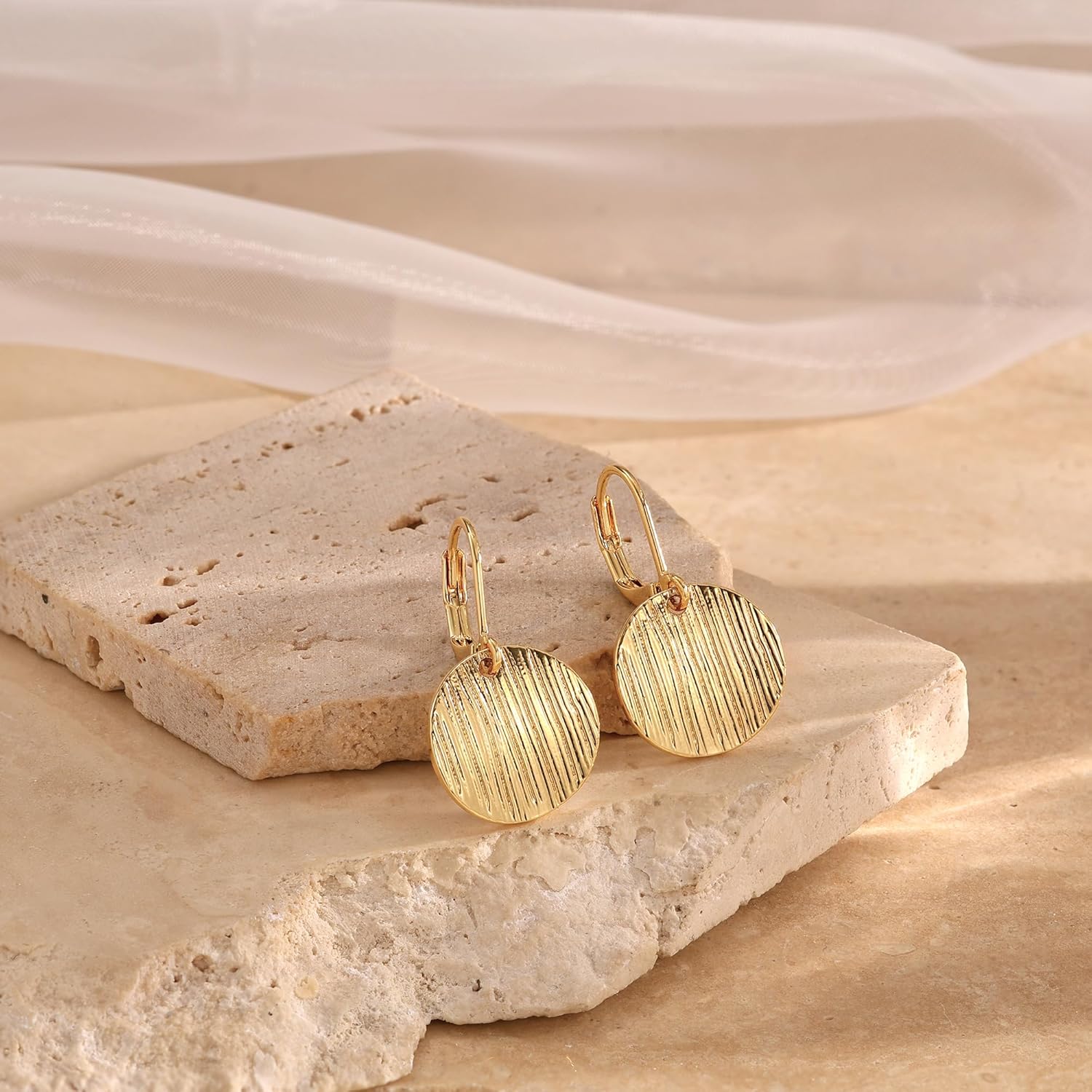 Freekiss Disc Leverback Earrings for Women: Dainty 14k Gold Plated Dangle Earrings for Women Hypoallergenic Hammered Teardrop Coin Earring Set Gold Jewelry for Womens Trendy - Image 5