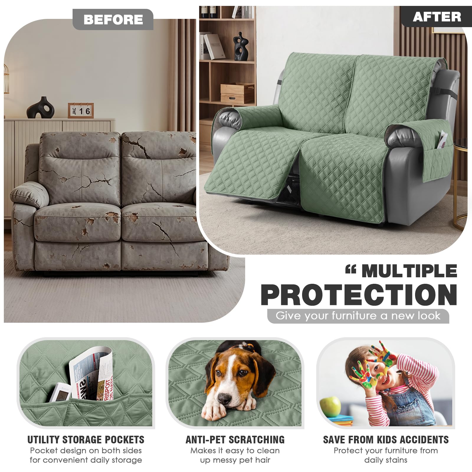 TAOCOCO 100% Waterproof Recliner Couch Covers, Recliner Sofa Covers with Leg Straps, 1-Piece Washable Reclining Sofa Cover with Pocket Couch Protector for Pets Kids(2 Seater, Sage Green) 1