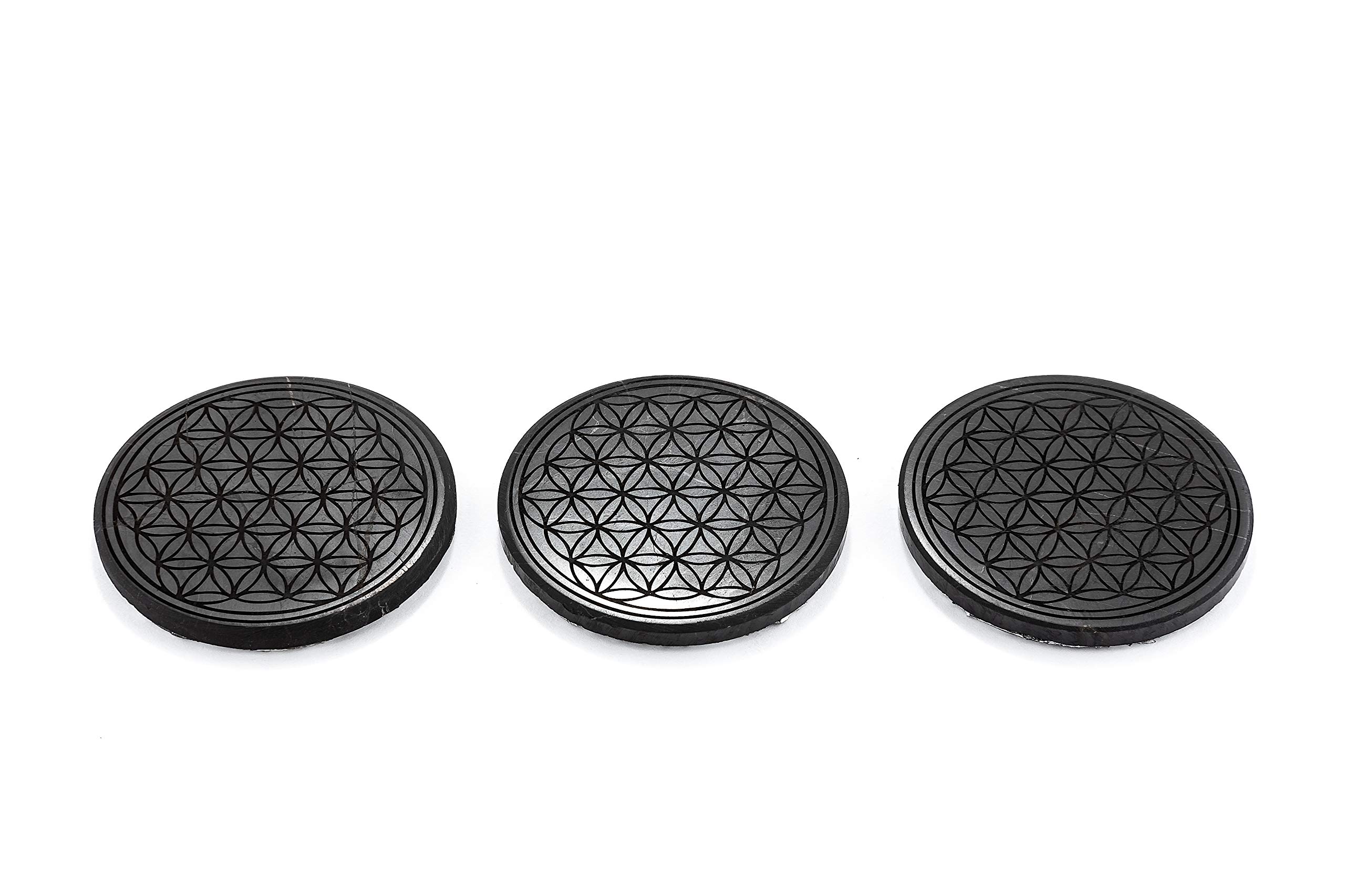 SN NATURSTEIN UG Precious Stone shungite Directly from Karelia: 3 x shungite Plate "Flower of Life", Round and Polished, 30 mm