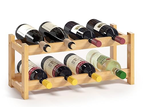 BAMEOS Wine Rack Freestanding 8 Bottle 2 Tier Bamboo Wine