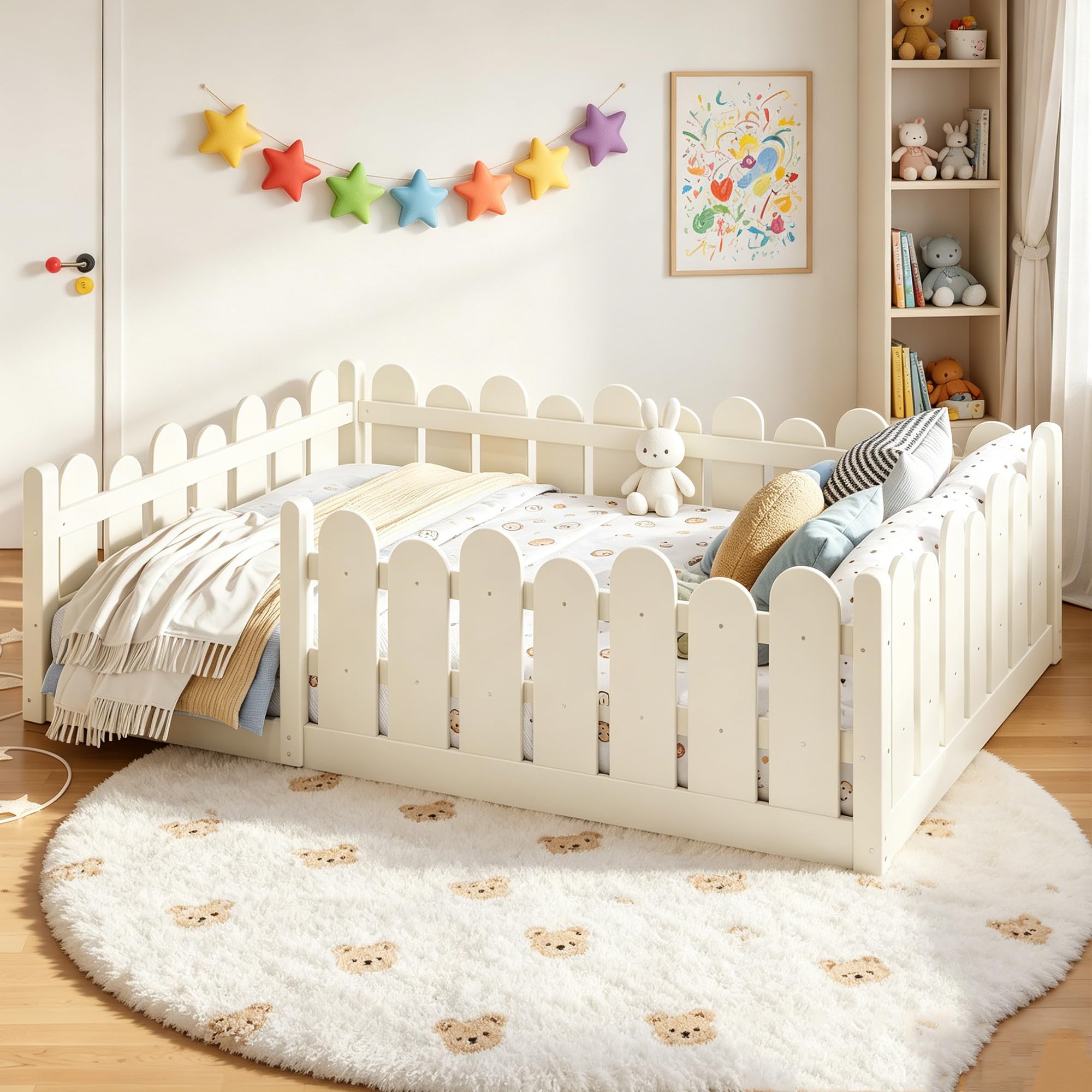 Bellemave Full Montessori Floor Bed with Rounded Safety Guardrail,Beige