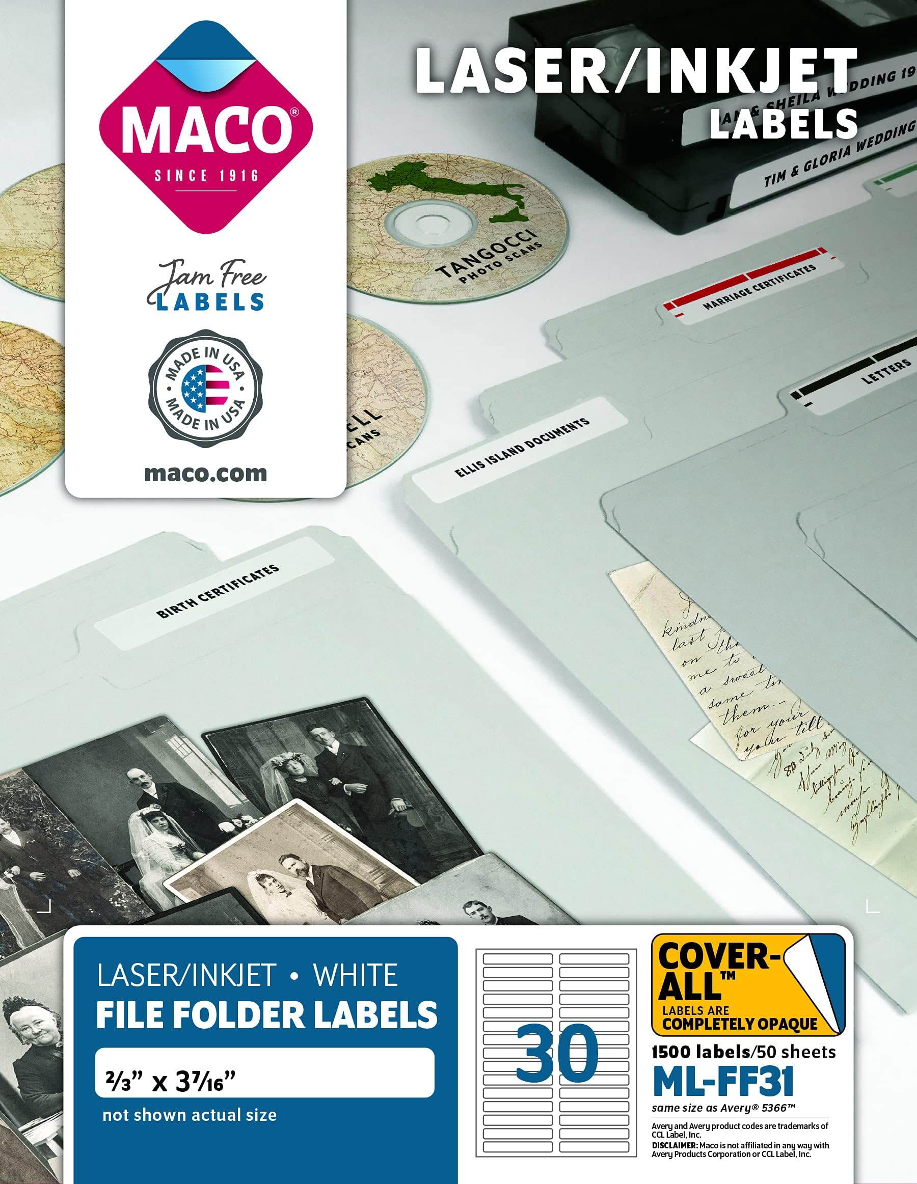 Laser/Ink Jet White File Folder Labels, 2/3 x 3-7/16 Inches, 30 Per Sheet, 1500 Per Box (ML-FF31)