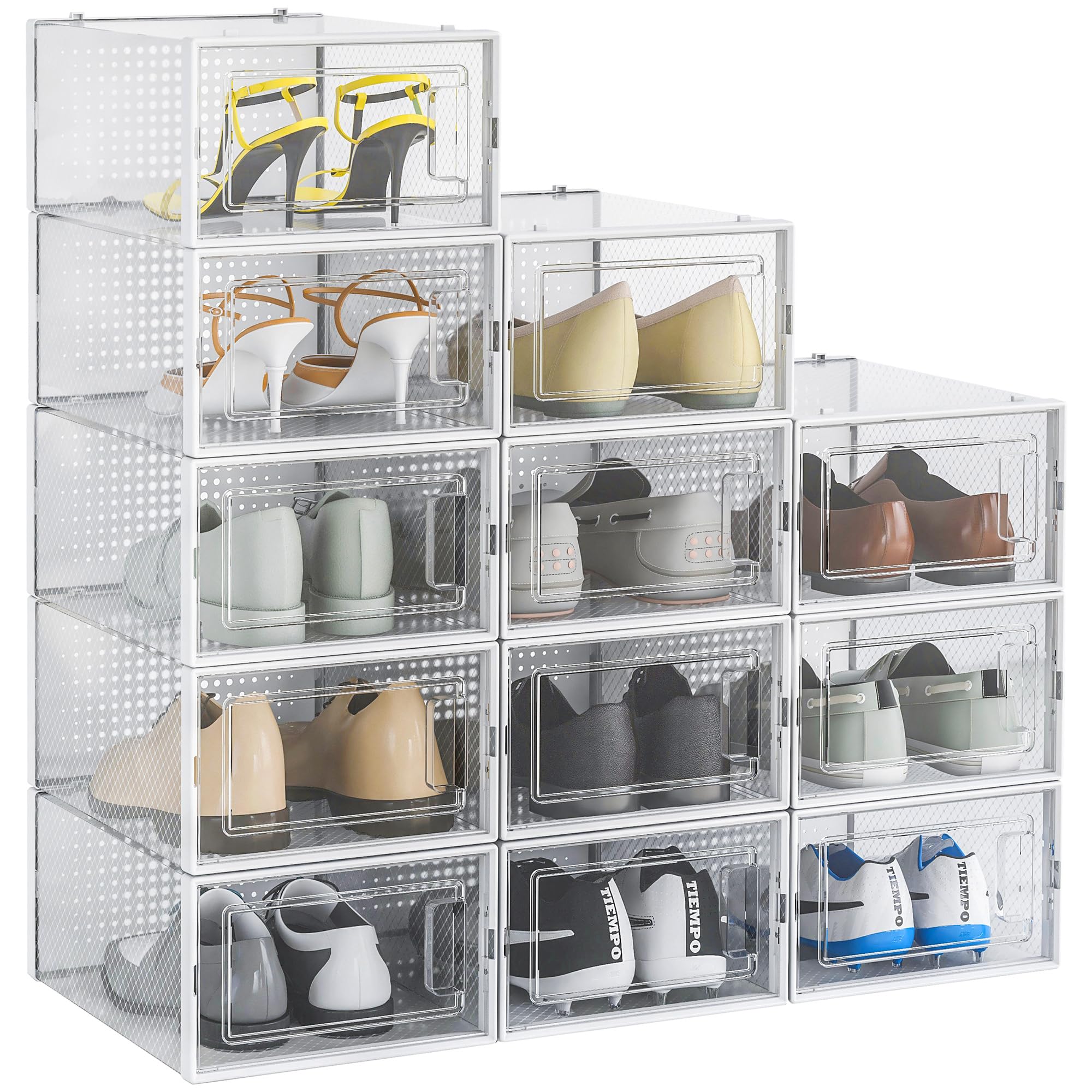 Smart Saver 12 Pack Shoe Storage Bins, Clear Plastic Stackable Shoe Organizer for Closet, Space Saving Foldable Shoe Rack, Portable Shoe Box Sneaker Holder Container for Travel and Home