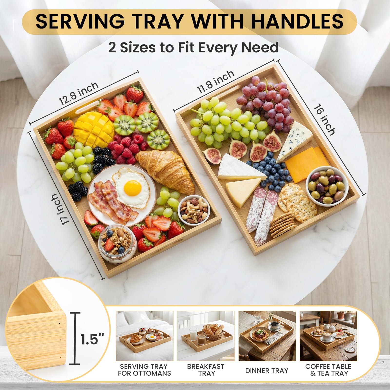 Juego de 2 bandejas de bambú para servir con asas, bandejas decorativas de madera para comer, trabajar y almacenar, adecuadas para su uso en dormitorio, sala de estar, cocina, baño, escenarios