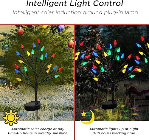 Miniatura 6 de Luces solares de camino de Navidad para exteriores, paquete de 2 40 luces LED multicolor C6 para árbol de fresa, luces solares de camino de Navidad